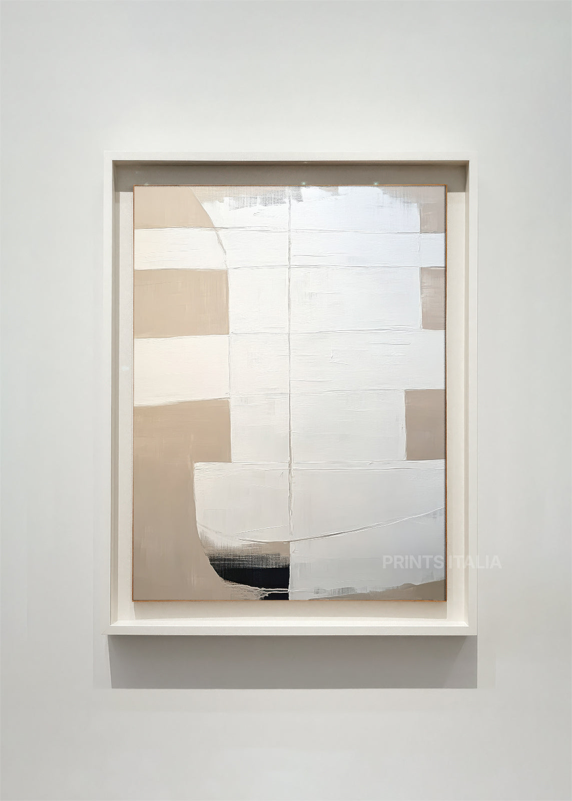 VARENNE – framed minimalist abstract art print with layered white and taupe grid, soft intersecting lines, and gentle texture, displayed in a modern gallery