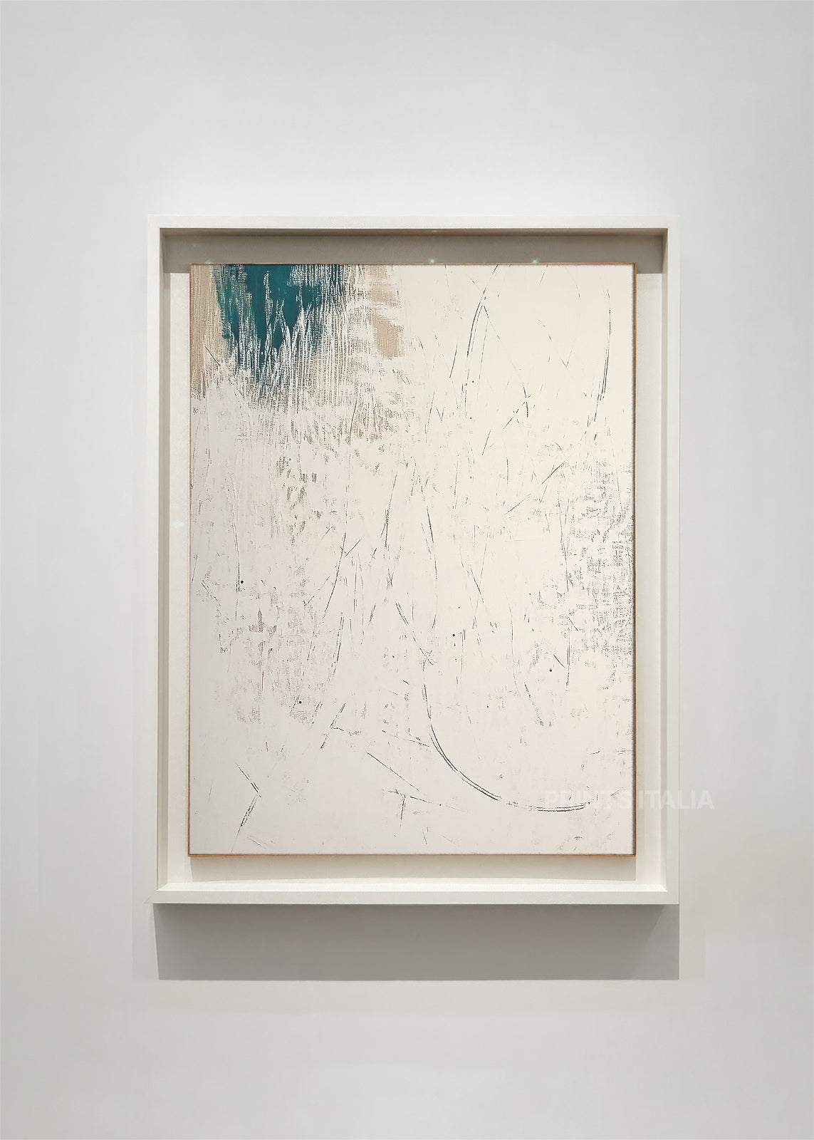 VASKIA abstract art print framed – delicate blue drips and linear marks on cream with organic flowing movement