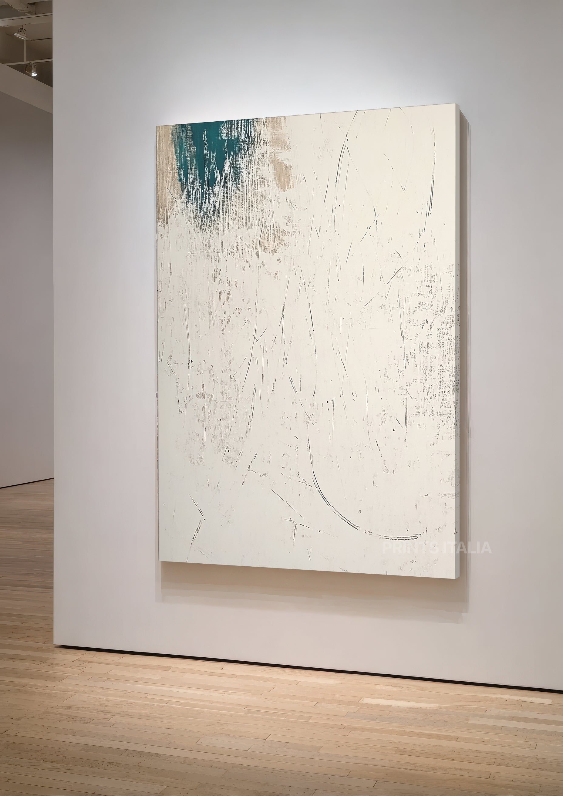 VASKIA print showing gentle blue drips and subtle linear elements with natural flow on cream surface