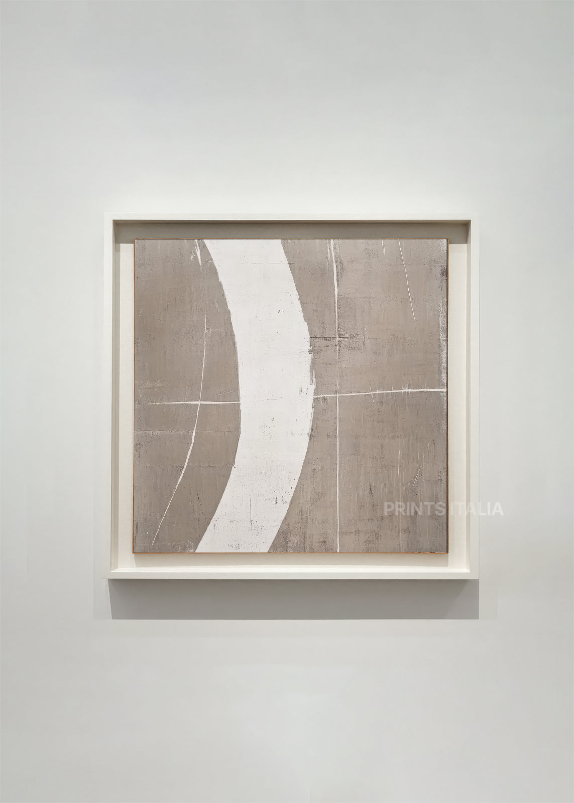 VAURA abstract art print framed – sweeping white curve and subtle lines on soft taupe background