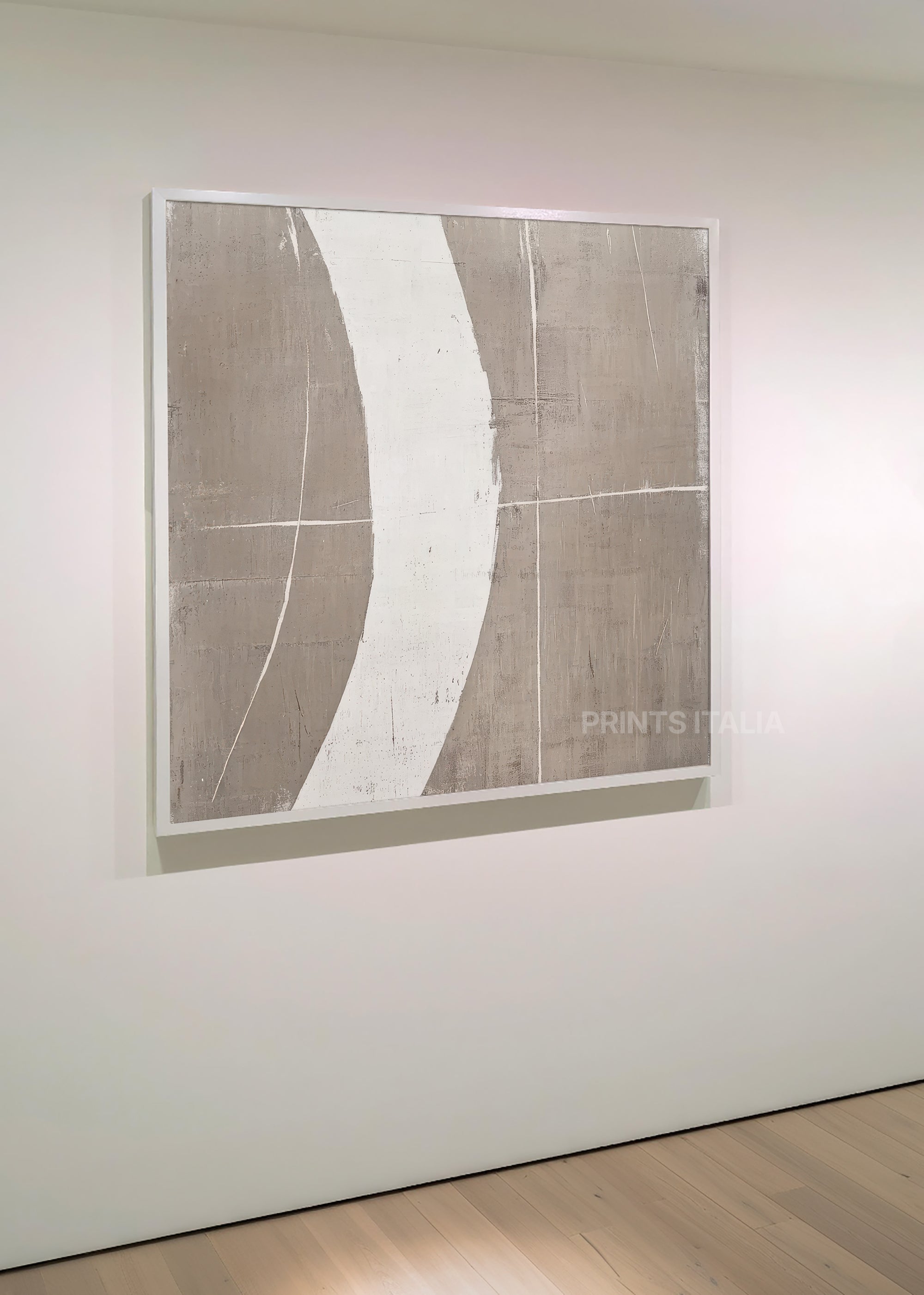 VAURA print displayed in a minimalist gallery, highlighting its gentle white arc and muted taupe field