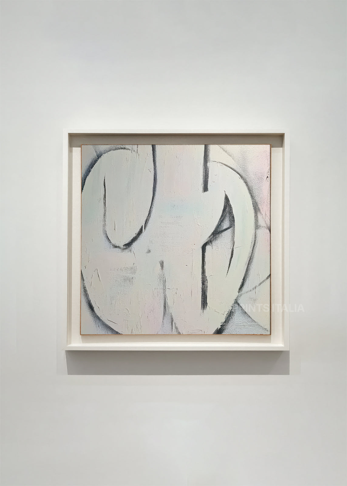 Framed VEIKO abstract print – sculptural white shapes outlined in soft charcoal on a cool neutral ground