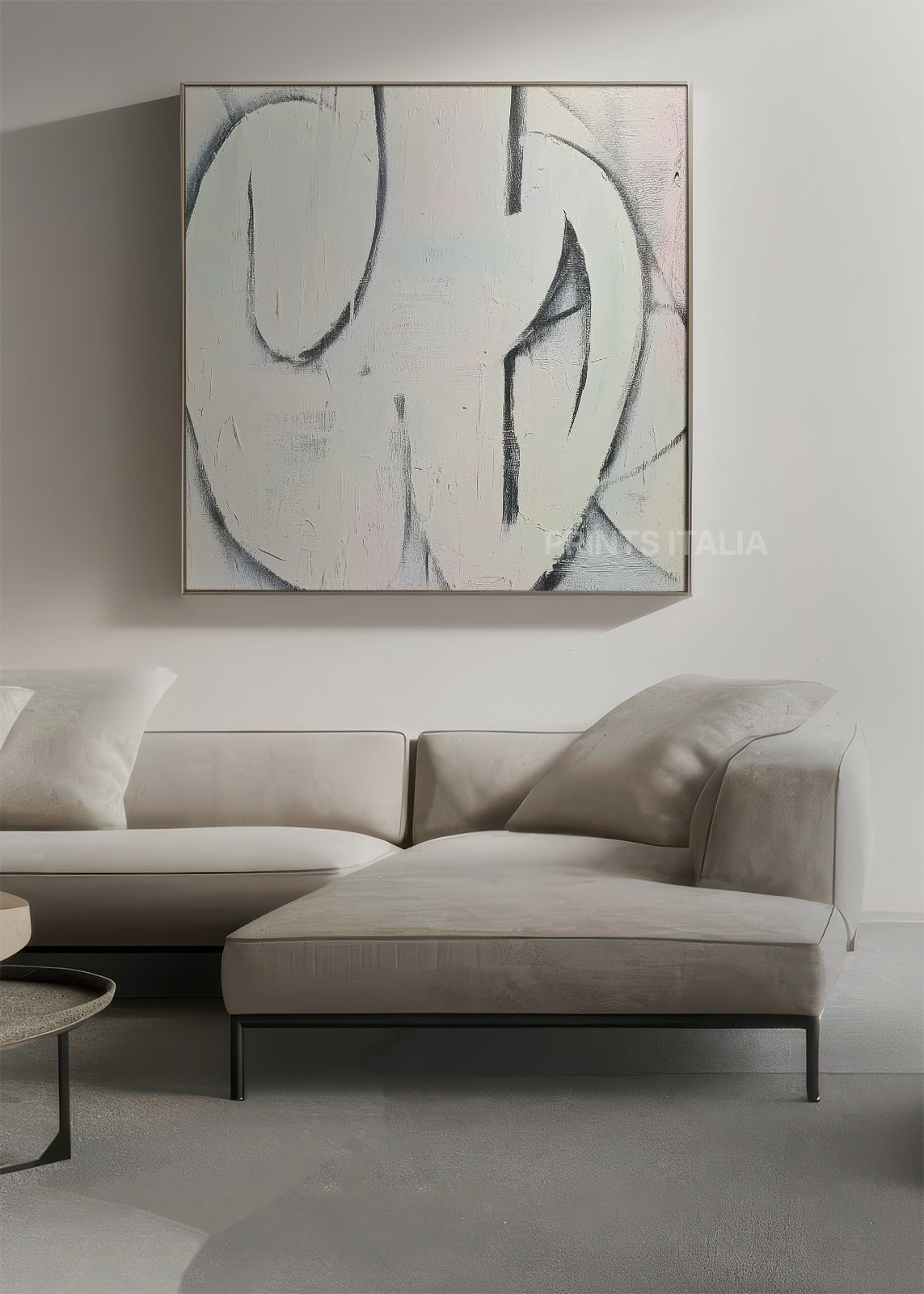 Detail of VEIKO showing layered textures and organic graphite lines on sculpted white shapes