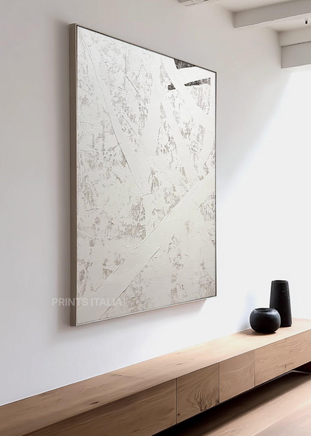VELHARA abstract print in a bright interior, emphasizing its gentle forms and serene white palette