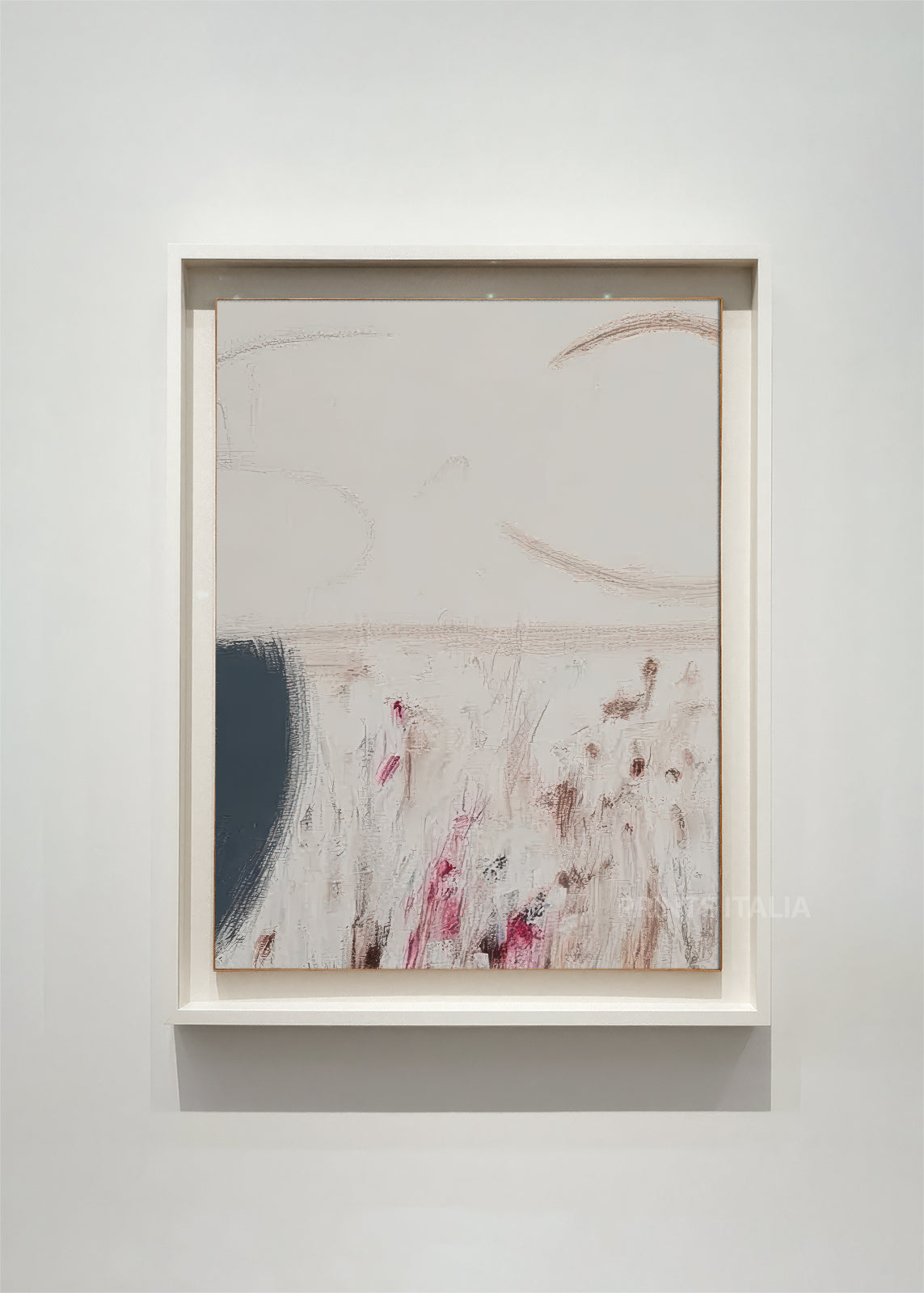 VELITHAN – framed minimalist abstract art print with soft blush and cream fields, expressive charcoal marks, and subtle texture, displayed in a modern gallery