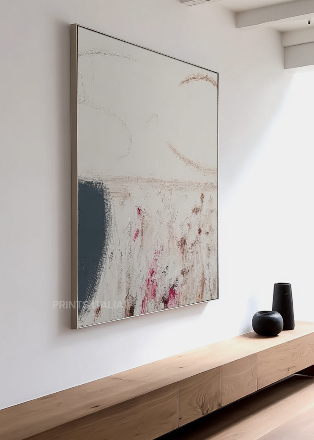 Close-up of VELITHAN print showing layered blush and cream surfaces, dynamic charcoal marks, and gentle surface texture