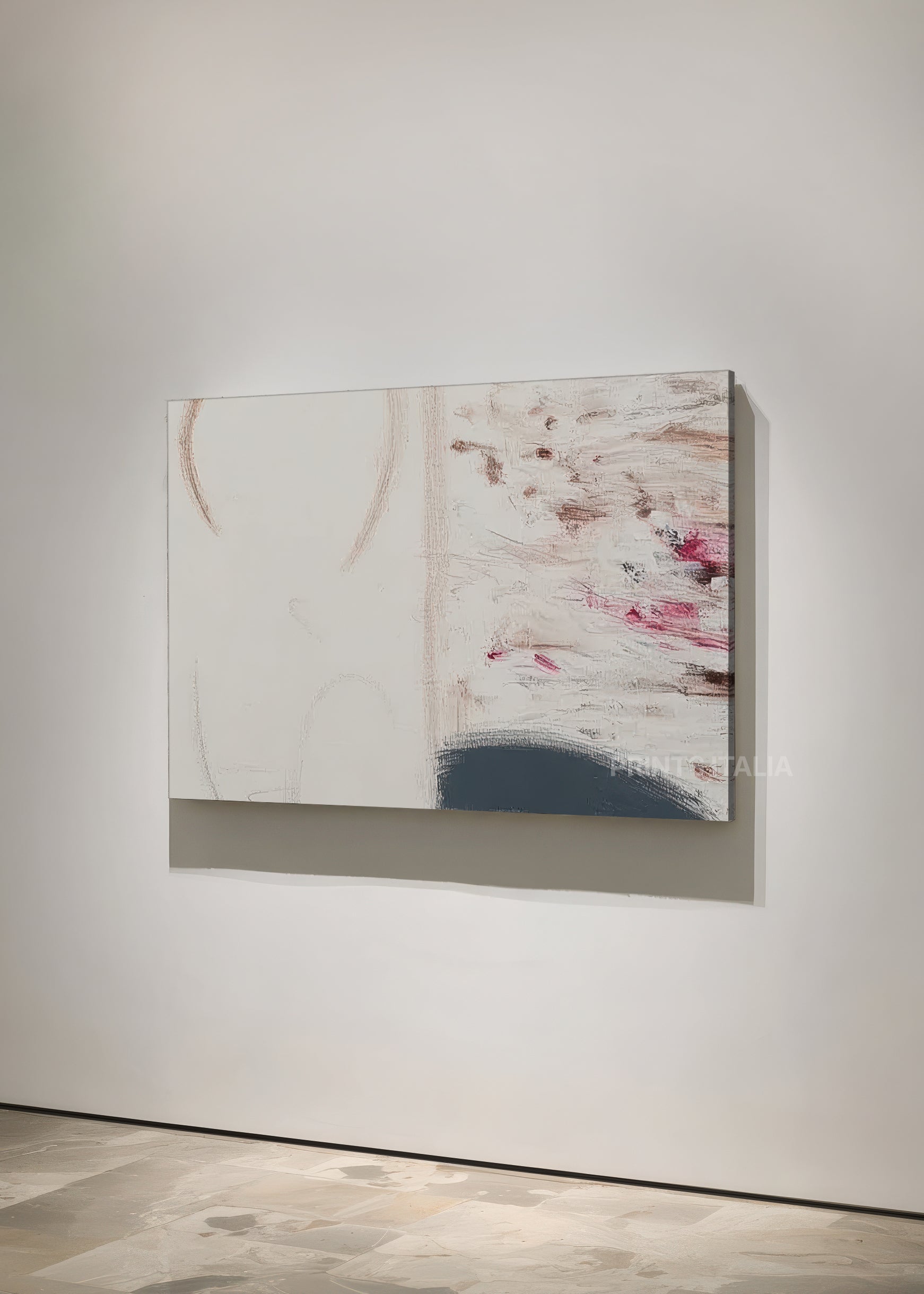 Unframed VELITHAN art print featuring minimalist blush and cream composition, expressive charcoal details, and soft texture, leaning against a neutral wall