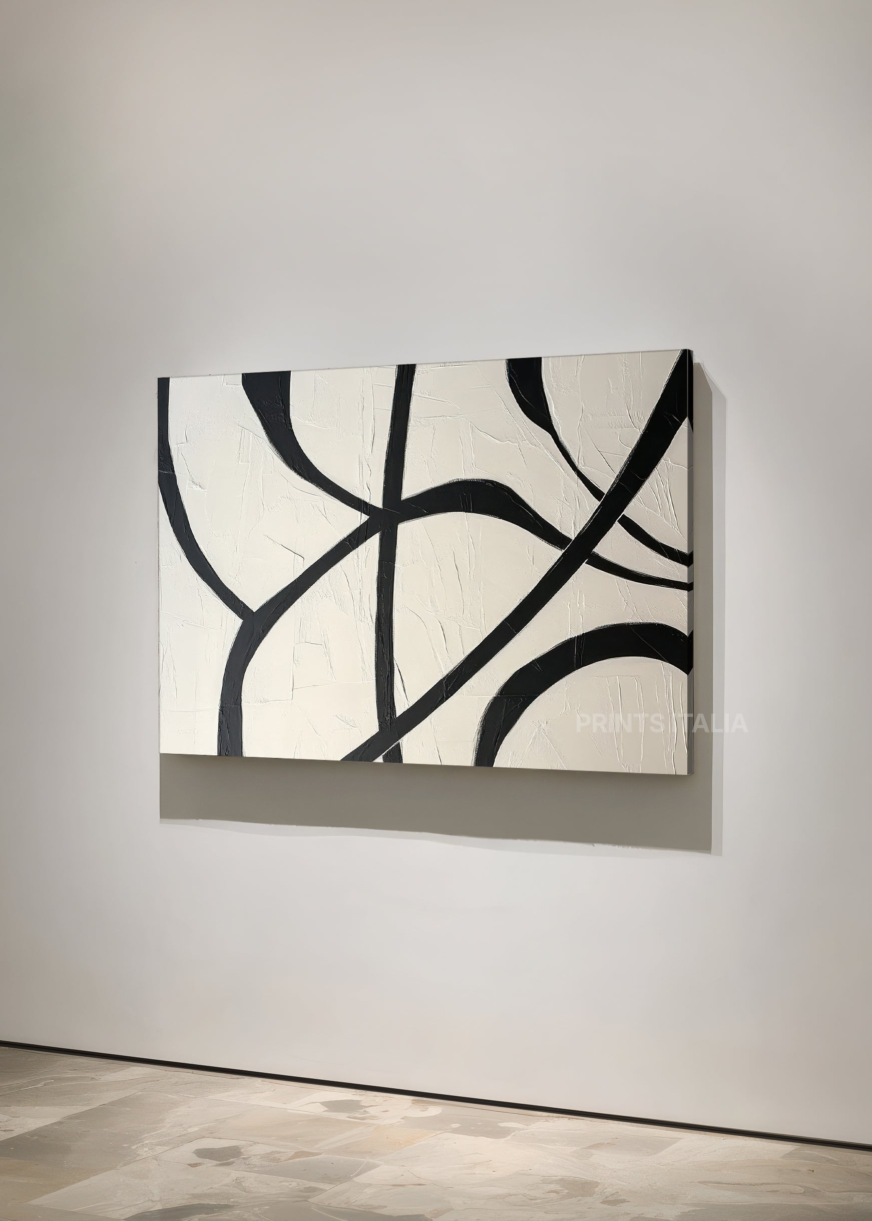 VELMIRA print displayed in a contemporary gallery, showing dynamic black lines over an airy ivory ground