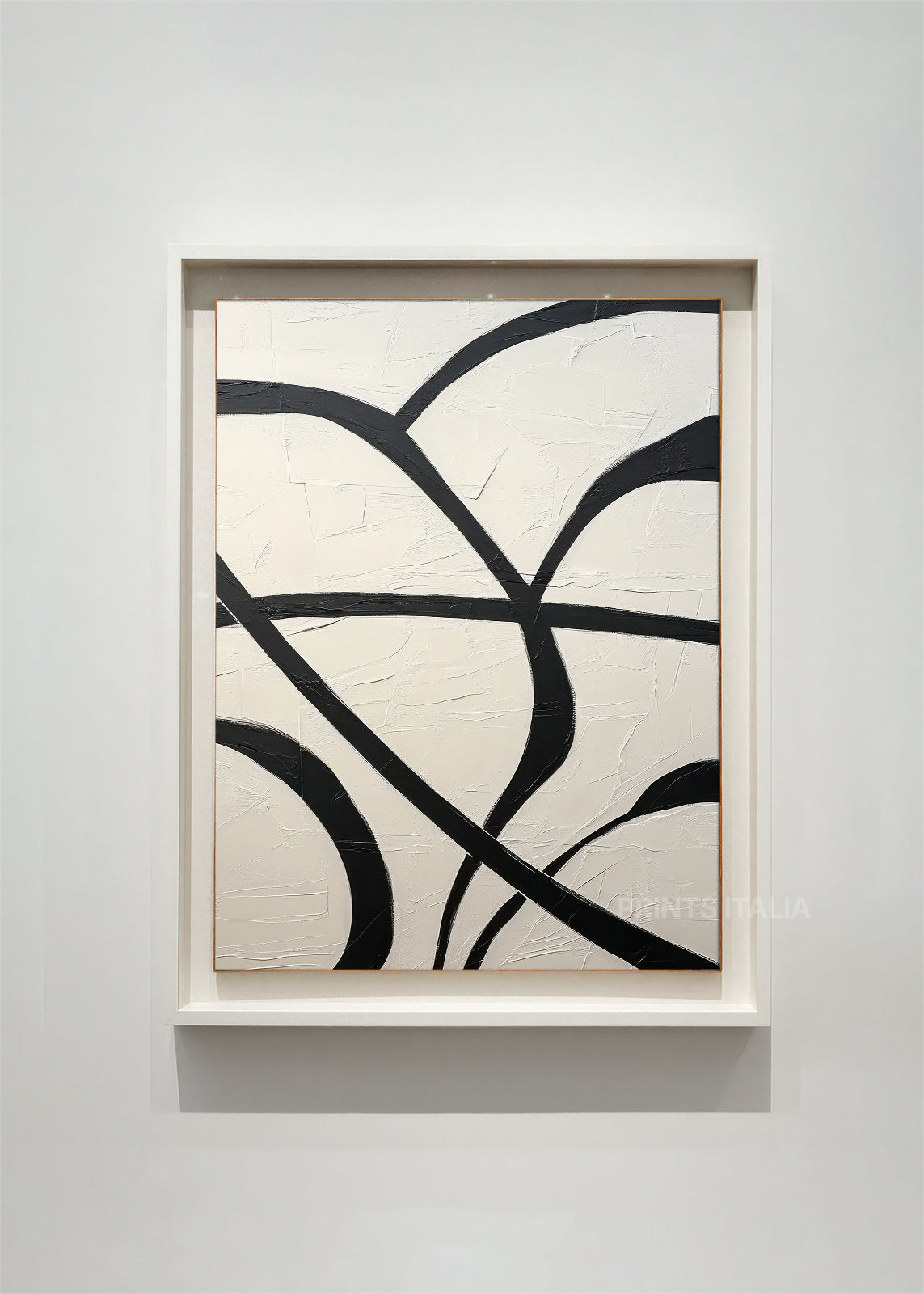 VELMIRA abstract art print framed – bold black arcs and sweeping curves on a textured ivory background