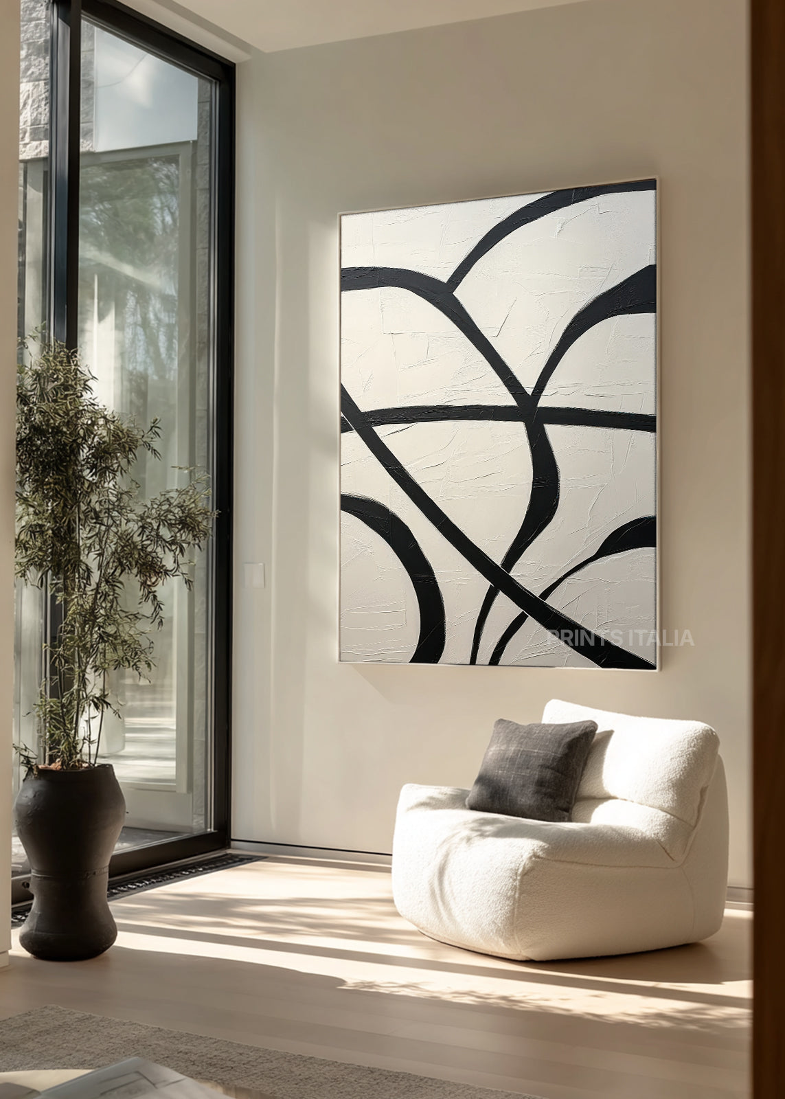 VELMIRA abstract print styled in a serene, modern space, emphasizing its bold curves and tranquil composition