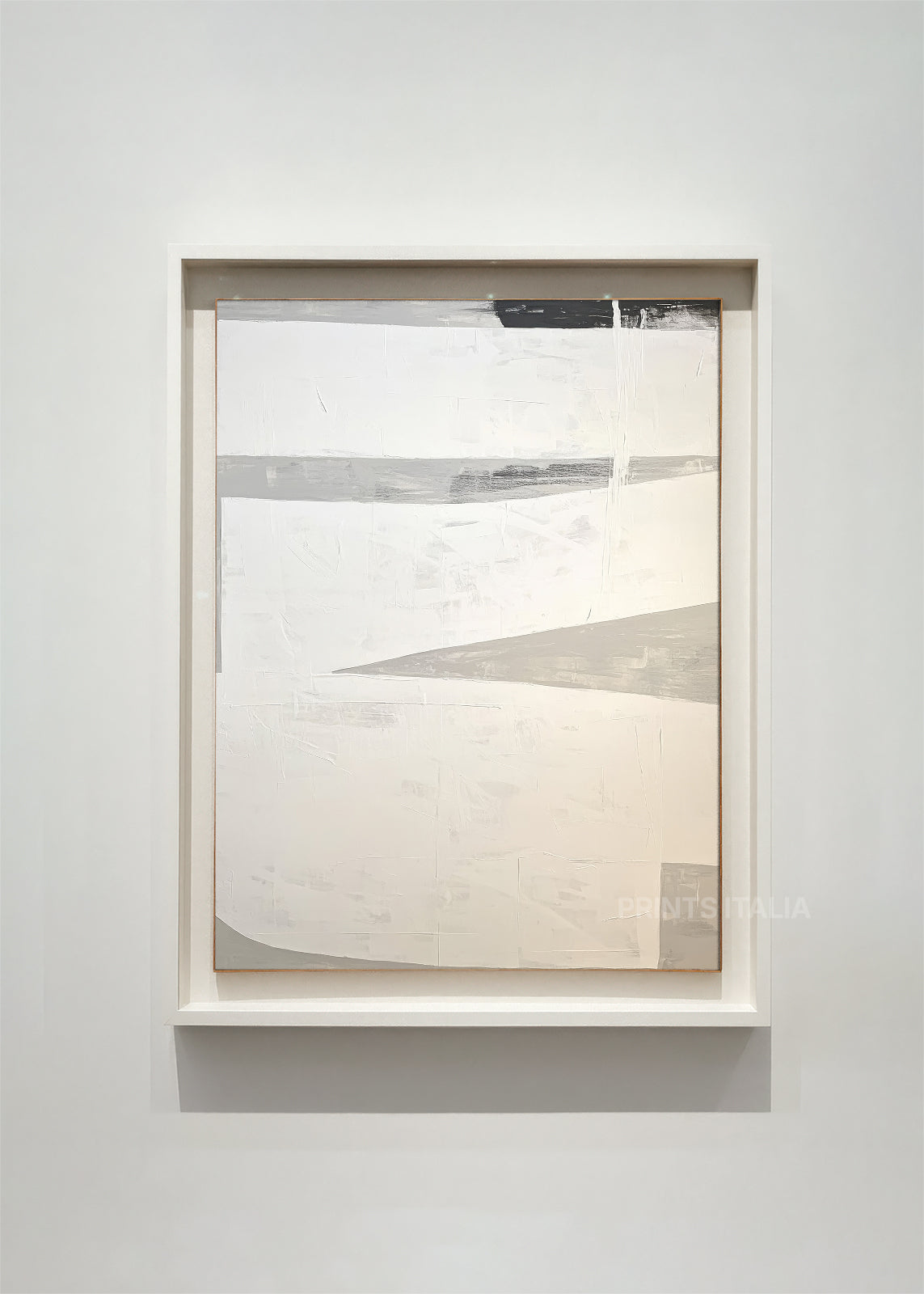 VELU abstract art print framed – peaceful horizontal layers in soft gray, cream, and beige with tranquil composition