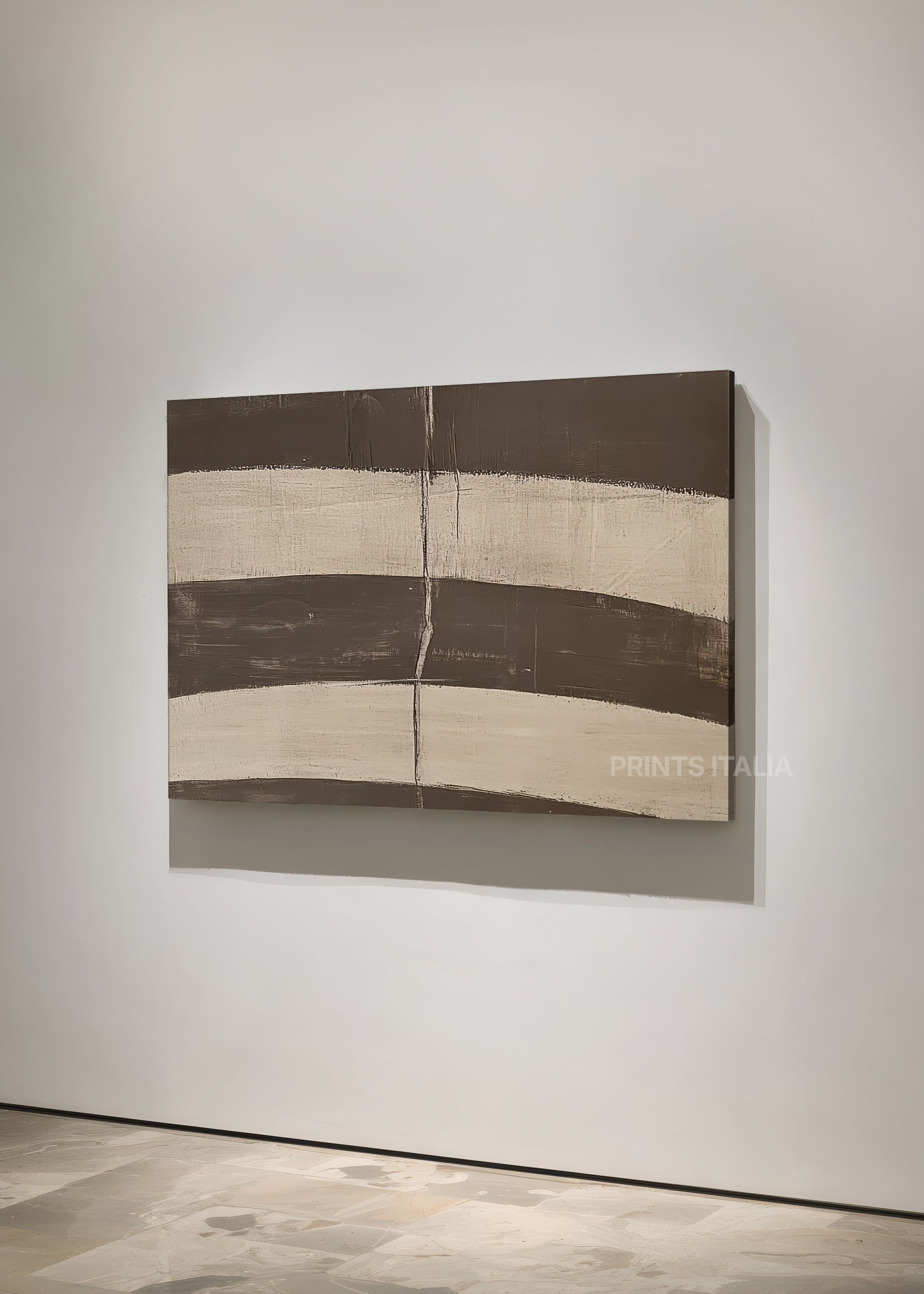 Angled view of VELUNE abstract print – rhythmic modern composition with bold brown and cream vertical elements
