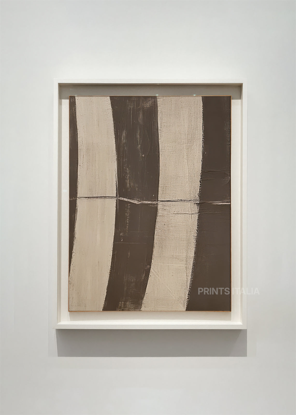 VELUNE abstract art print framed – bold vertical bands in rich brown and cream with structured geometric composition