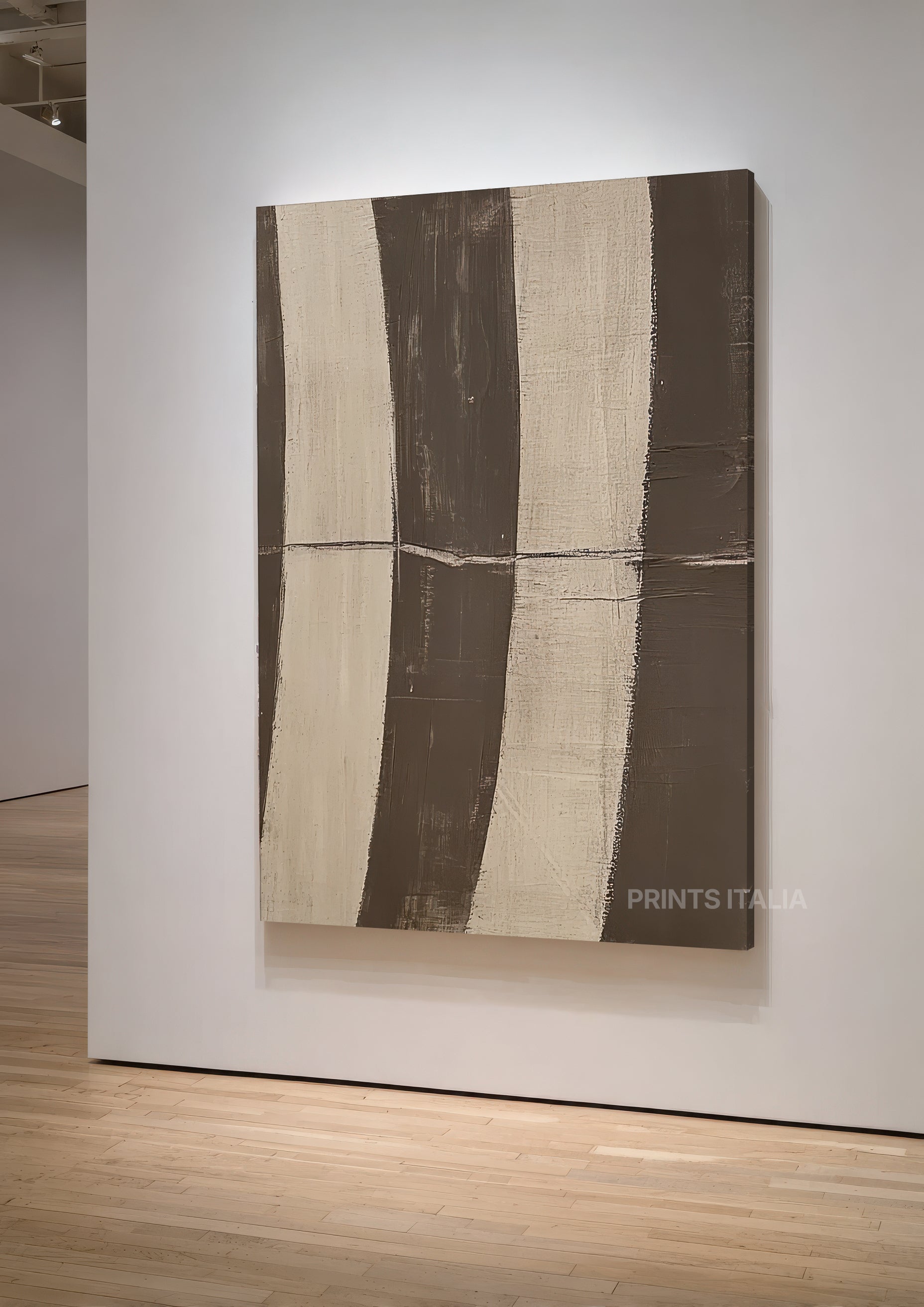 VELUNE print showing rich brown vertical bands with subtle horizontal intersections on cream background