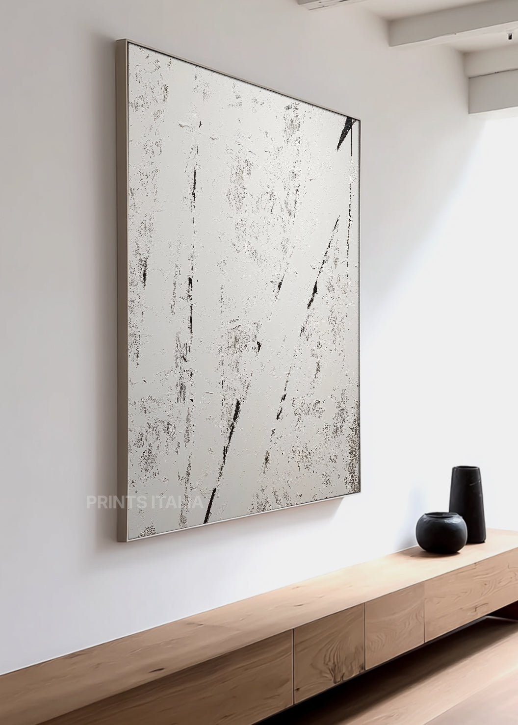 VESARI white modern abstract print showing dynamic black diagonal lines, tactile distressed white surface, and subtle texture