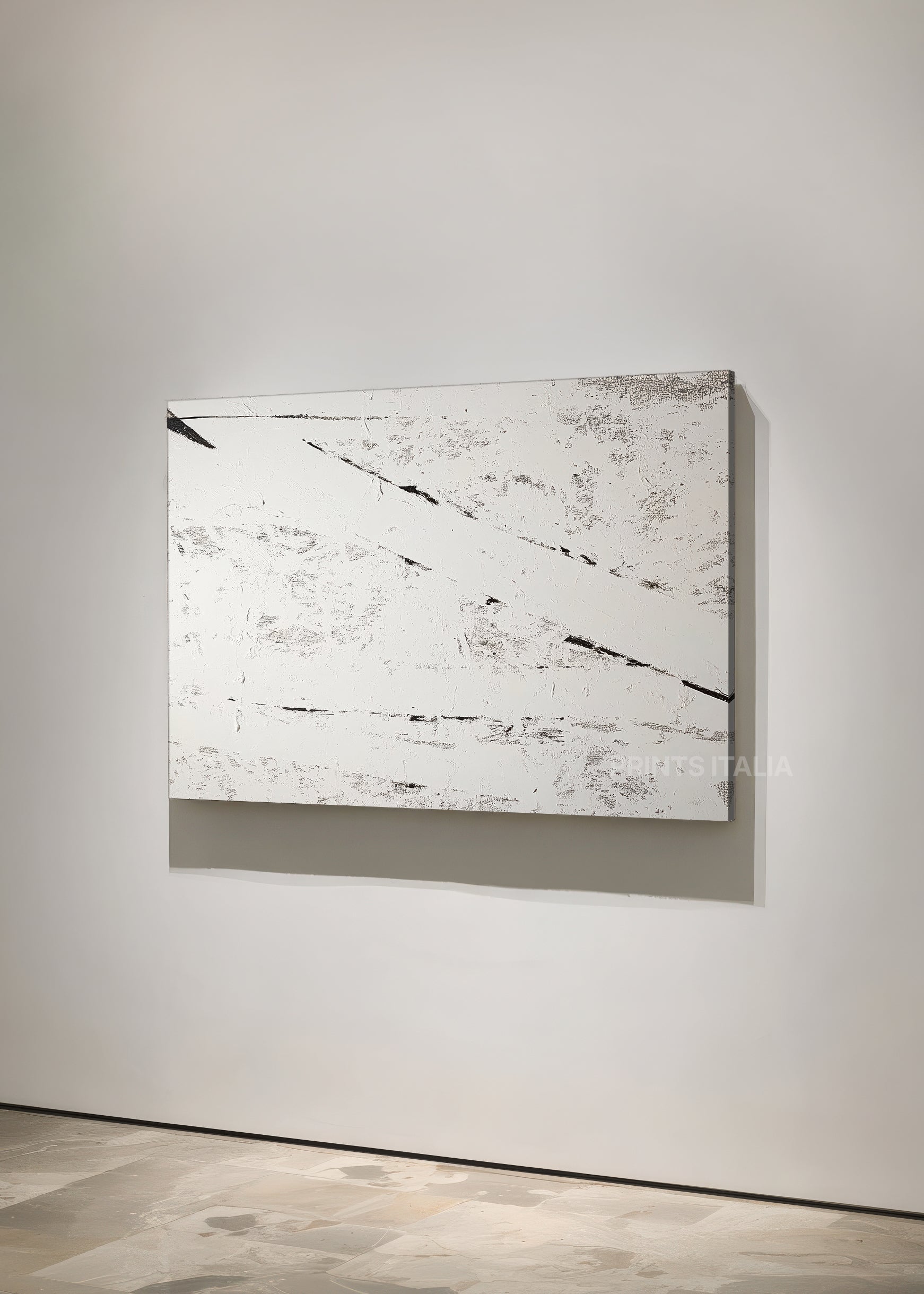 Unframed VESARI art print featuring minimalist white composition, bold black lines, and distressed texture, leaning against a soft neutral wall