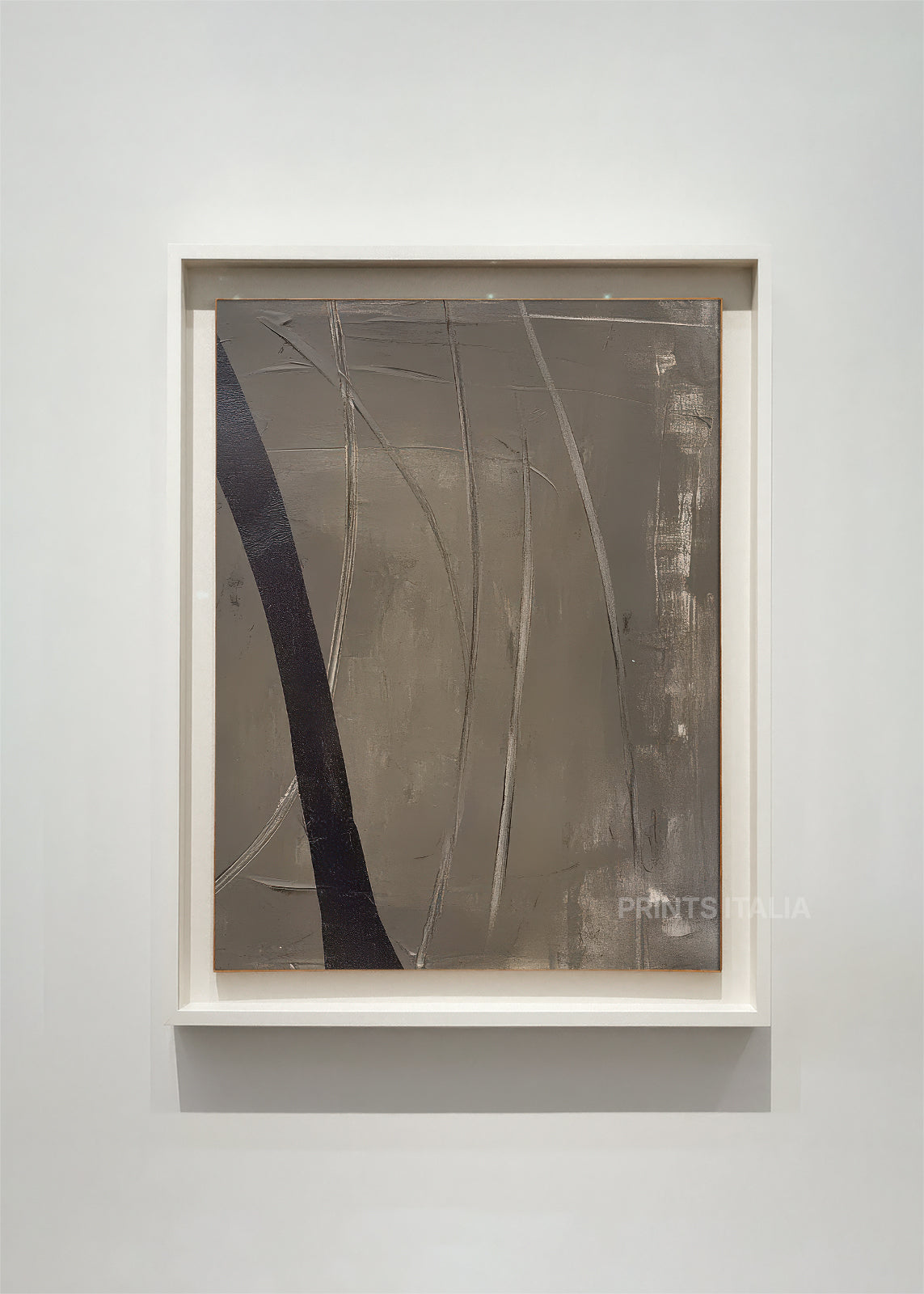 VETRA abstract art print framed – sweeping charcoal arc on textured taupe background with fine linear details