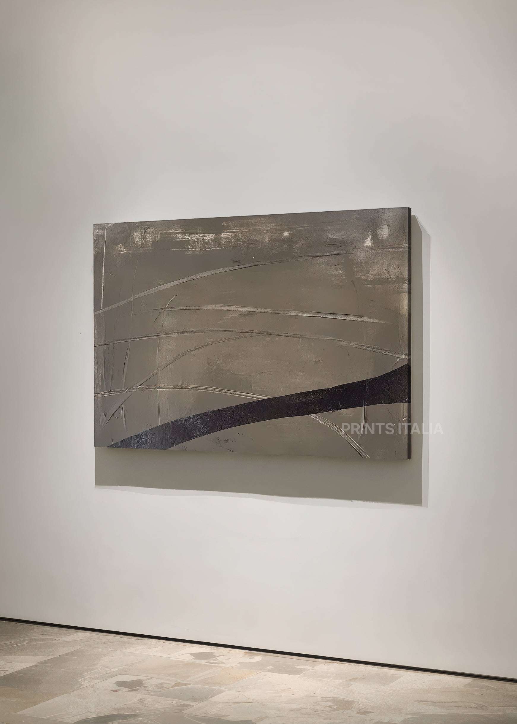 VETRA print showing layered taupe texture and engraved lines with bold charcoal accent
