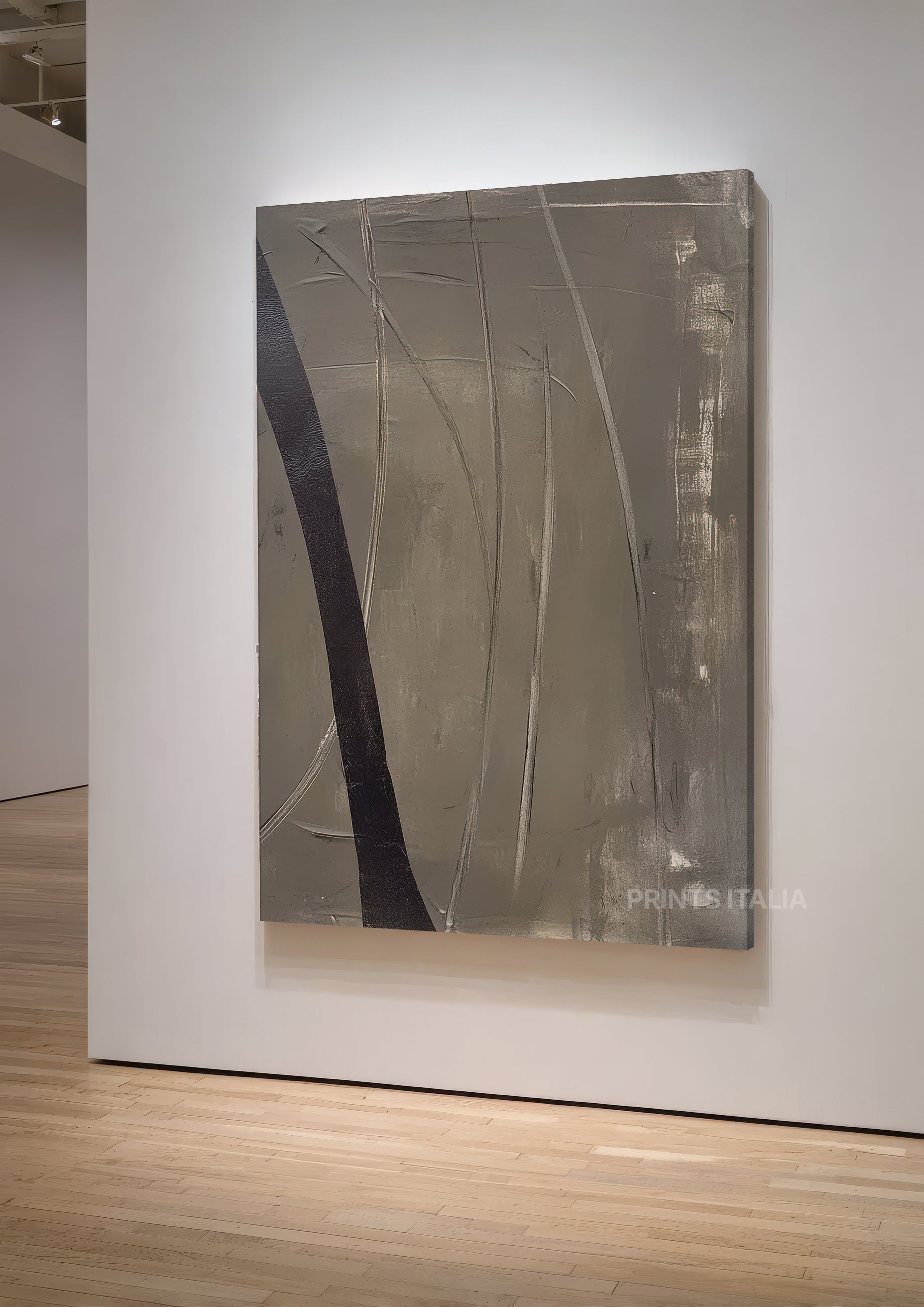 Angled view of VETRA abstract print – minimalist taupe and charcoal composition with subtle texture and movement