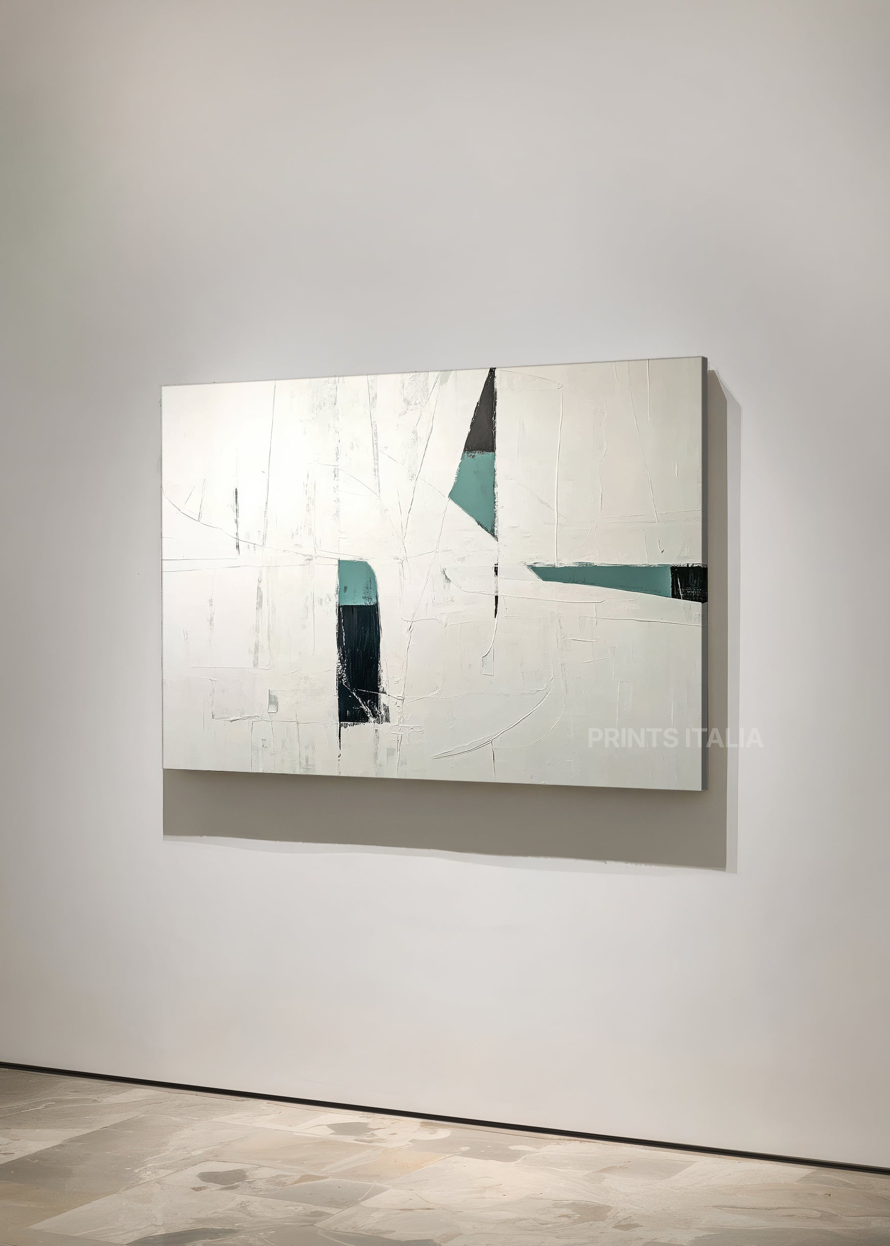 Angled view of VIONNE abstract print – modern architectural composition with bold teal, navy, and cream contrast