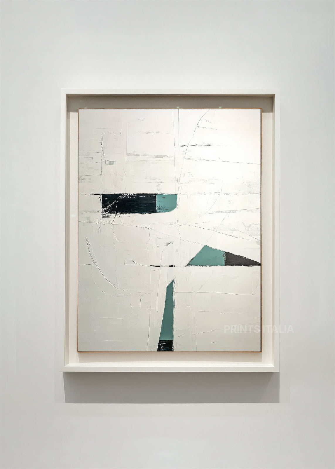 VIONNE abstract art print framed – bold geometric forms in teal and navy with angular cuts on cream background