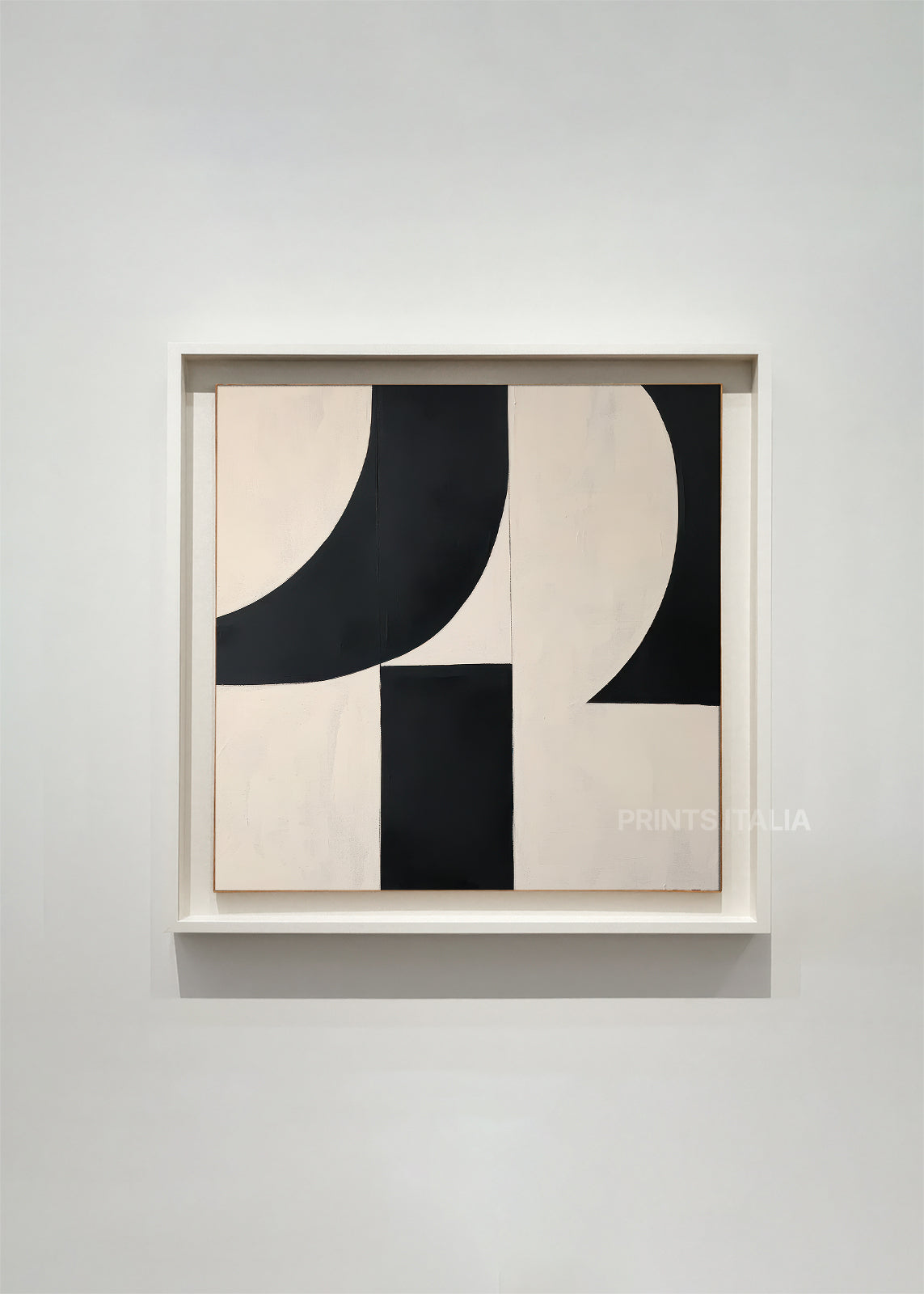 Framed VIREA print featuring bold black geometric shapes and curved forms on cream background