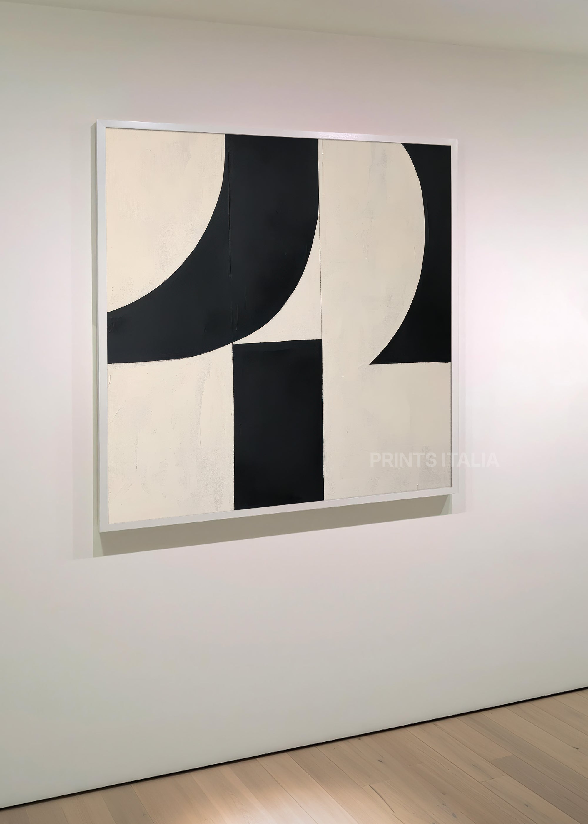 VIREA abstract print showing precise black geometric forms and smooth curved elements