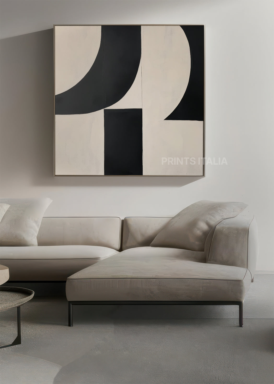 VIREA artwork displaying architectural black shapes creating dynamic composition on warm cream canvas
