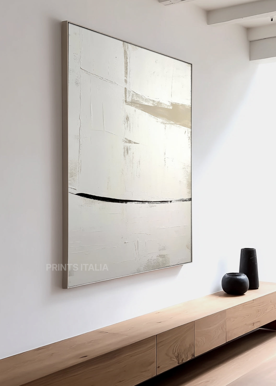 VIRELA print displayed in a contemporary gallery, highlighting its airy white layers and soft beige transitions