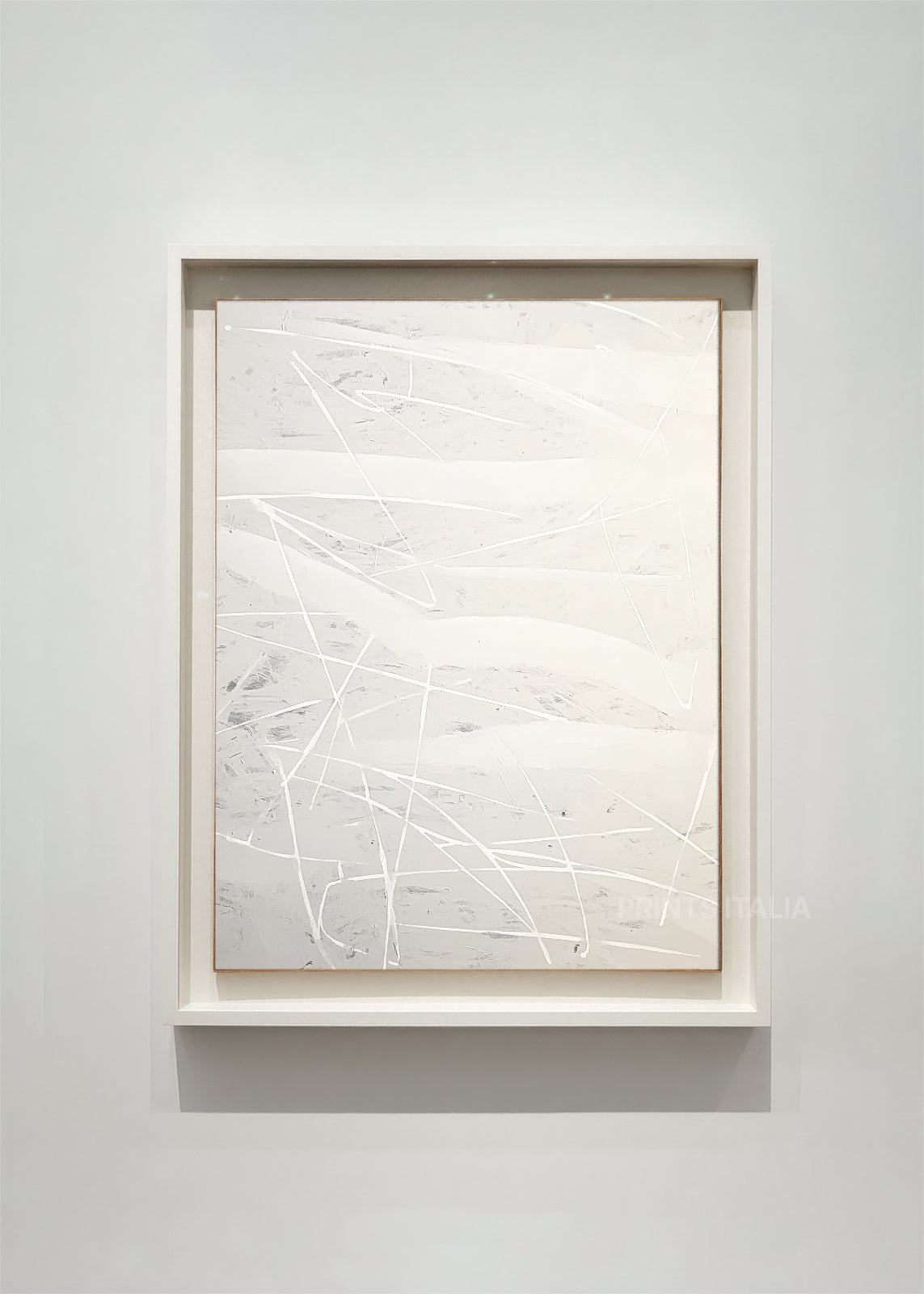 VIREYA abstract art print framed – delicate white brushstrokes on soft textured background