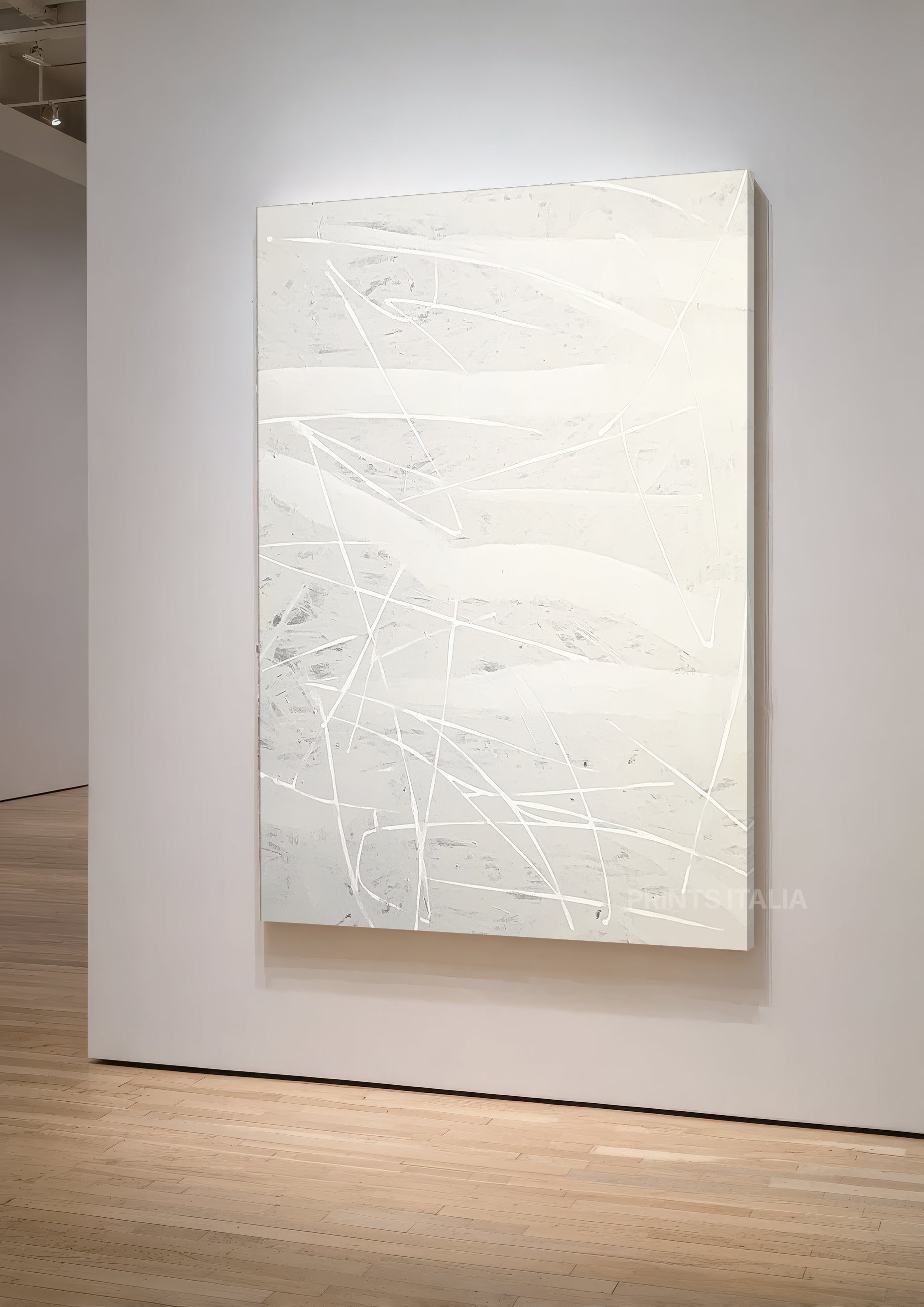 Angled view of VIREYA abstract print – airy white composition with gentle textured surface