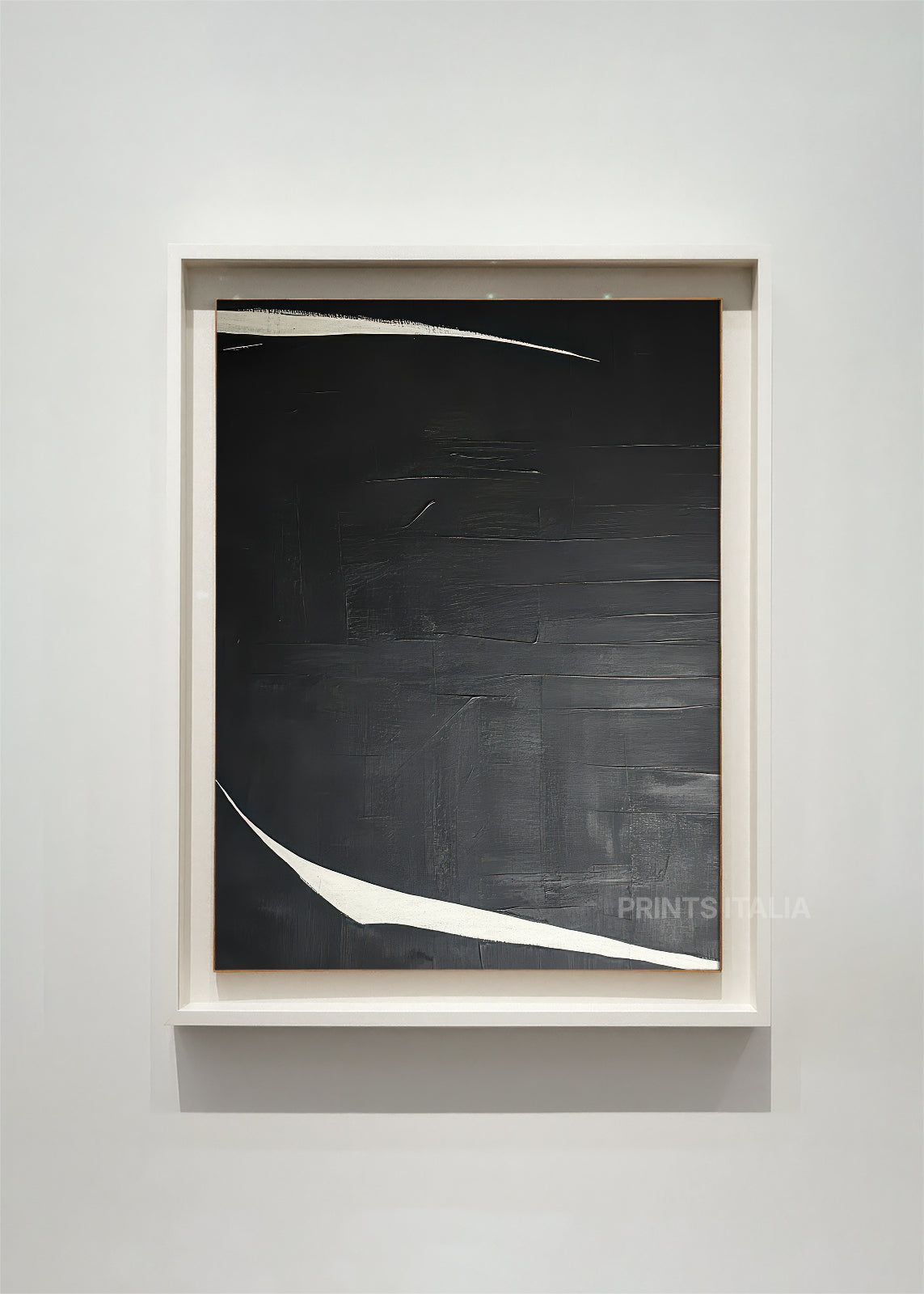 YALI – framed minimalist abstract art print with bold black background and sweeping white arcs