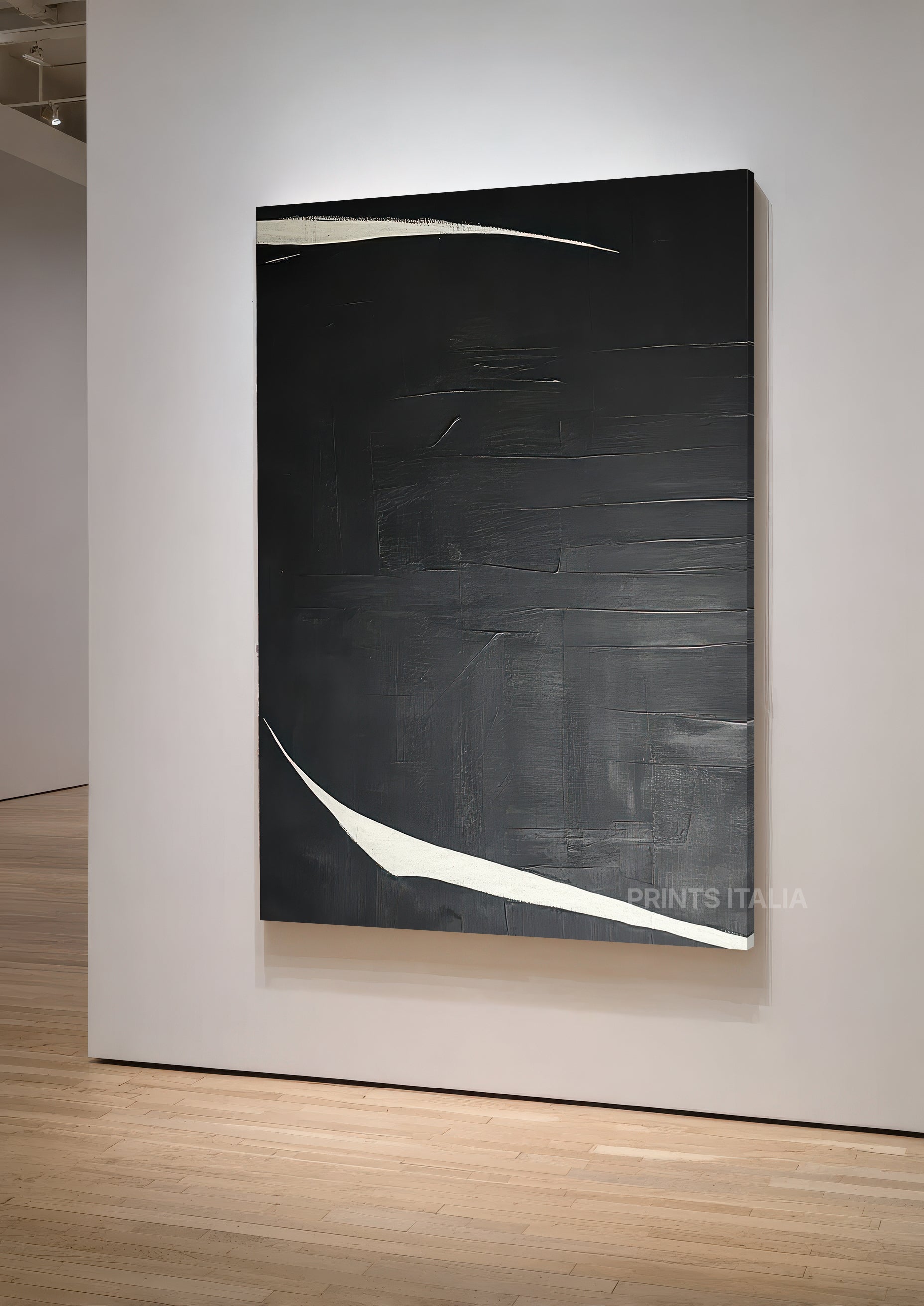 Close-up texture of YALI abstract artwork showing layered black paint and crisp white lines