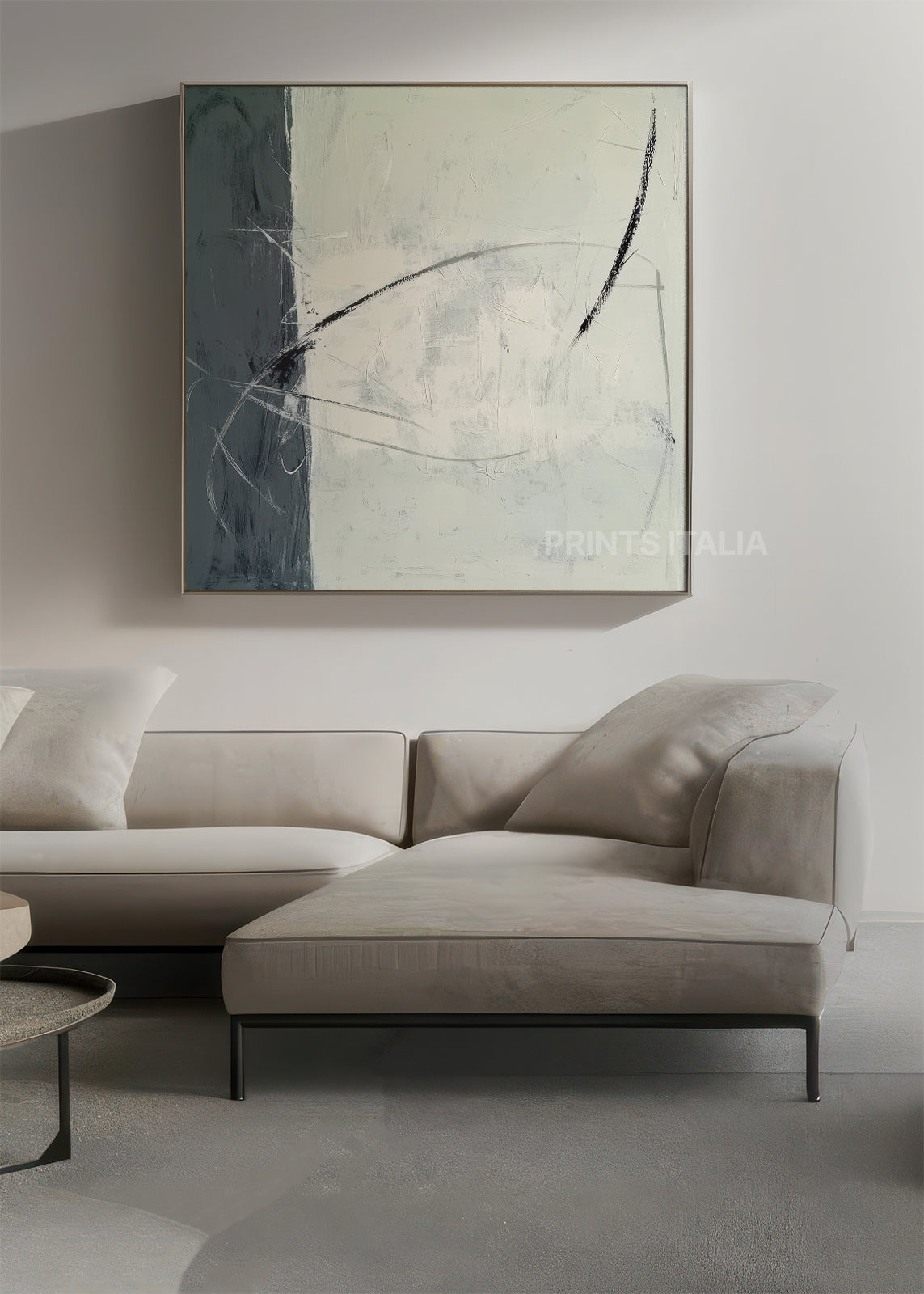 Yara abstract art print displayed in modern living room interior design setting