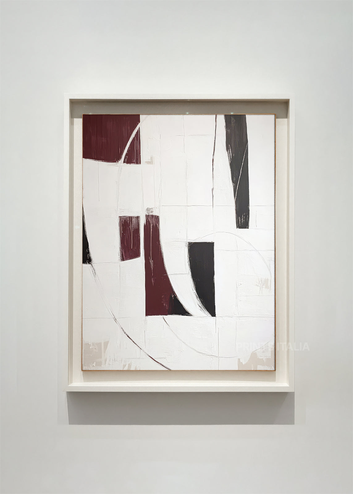 YAVARI abstract art print framed – intersecting burgundy and black shapes with sweeping arcs on ivory background