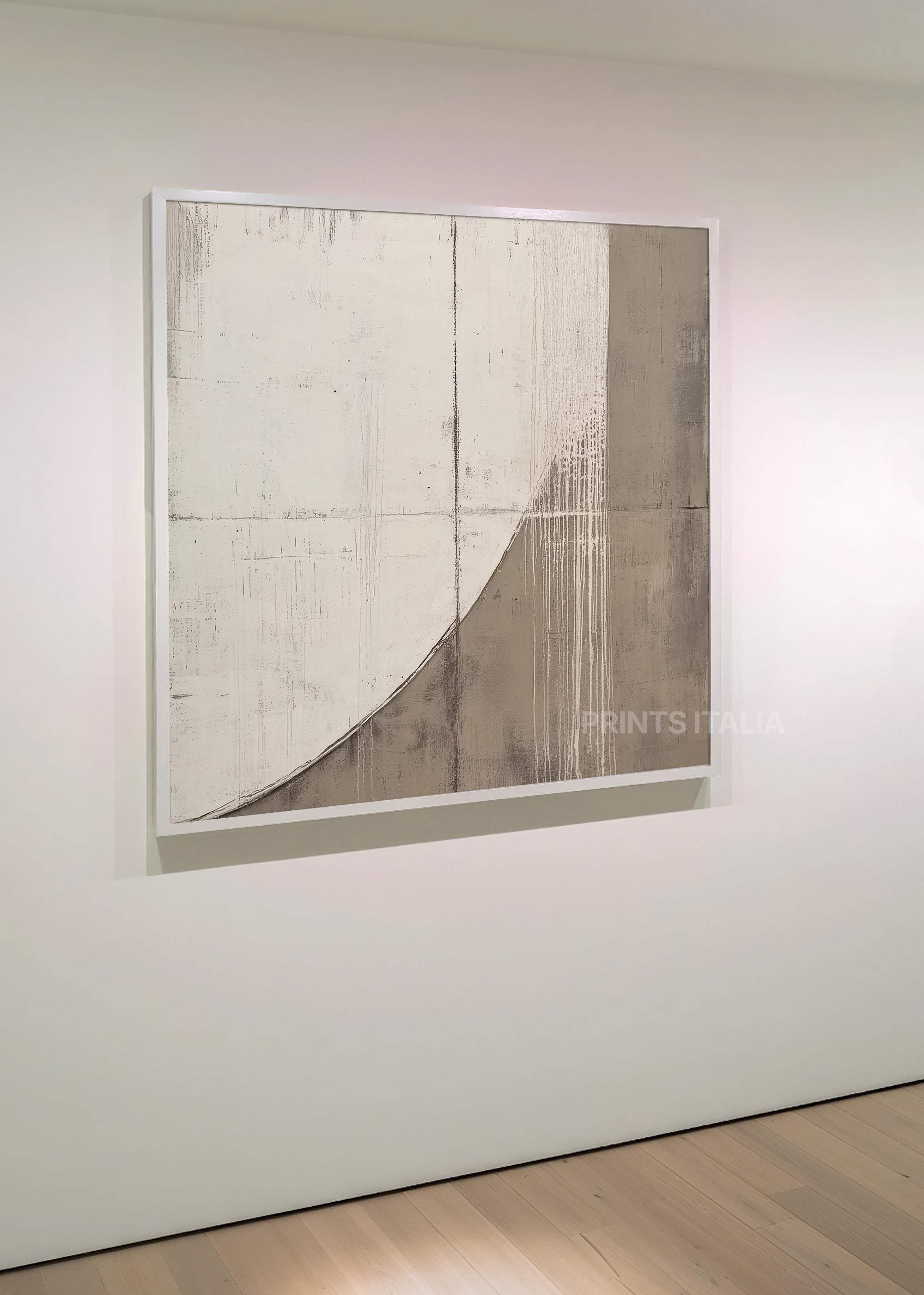 YLLAN print displayed in a minimalist gallery, highlighting its gentle taupe curve and quiet grid structure