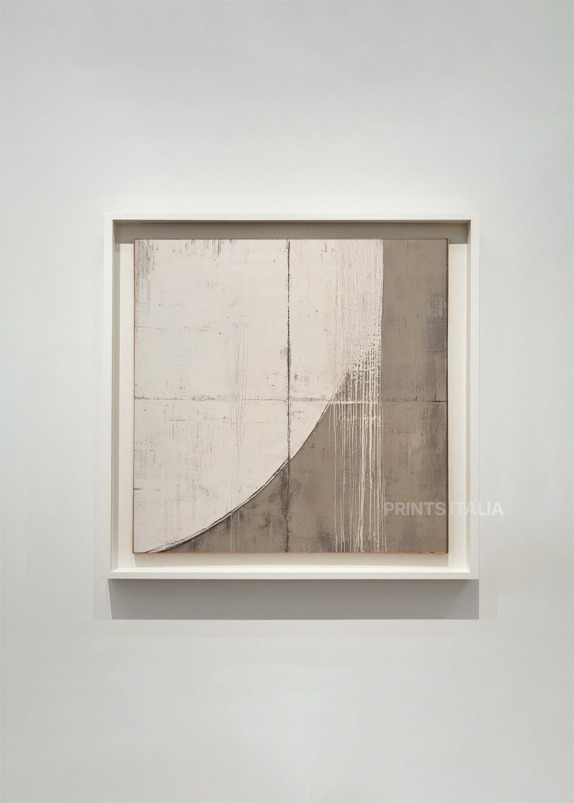 YLLAN abstract art print framed – soft taupe curve and subtle grid lines on layered white and grey background
