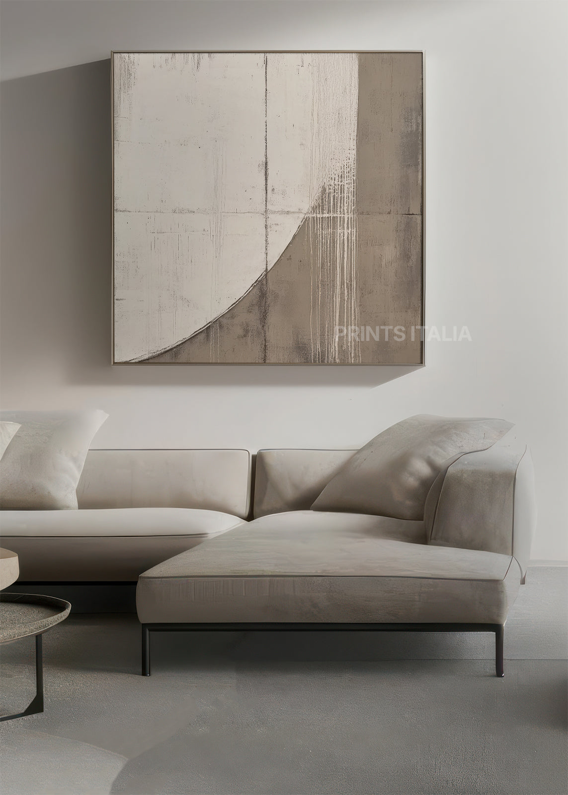 YLLAN abstract print styled in a calm, light-filled space, emphasizing its soft palette and subtle geometric detail