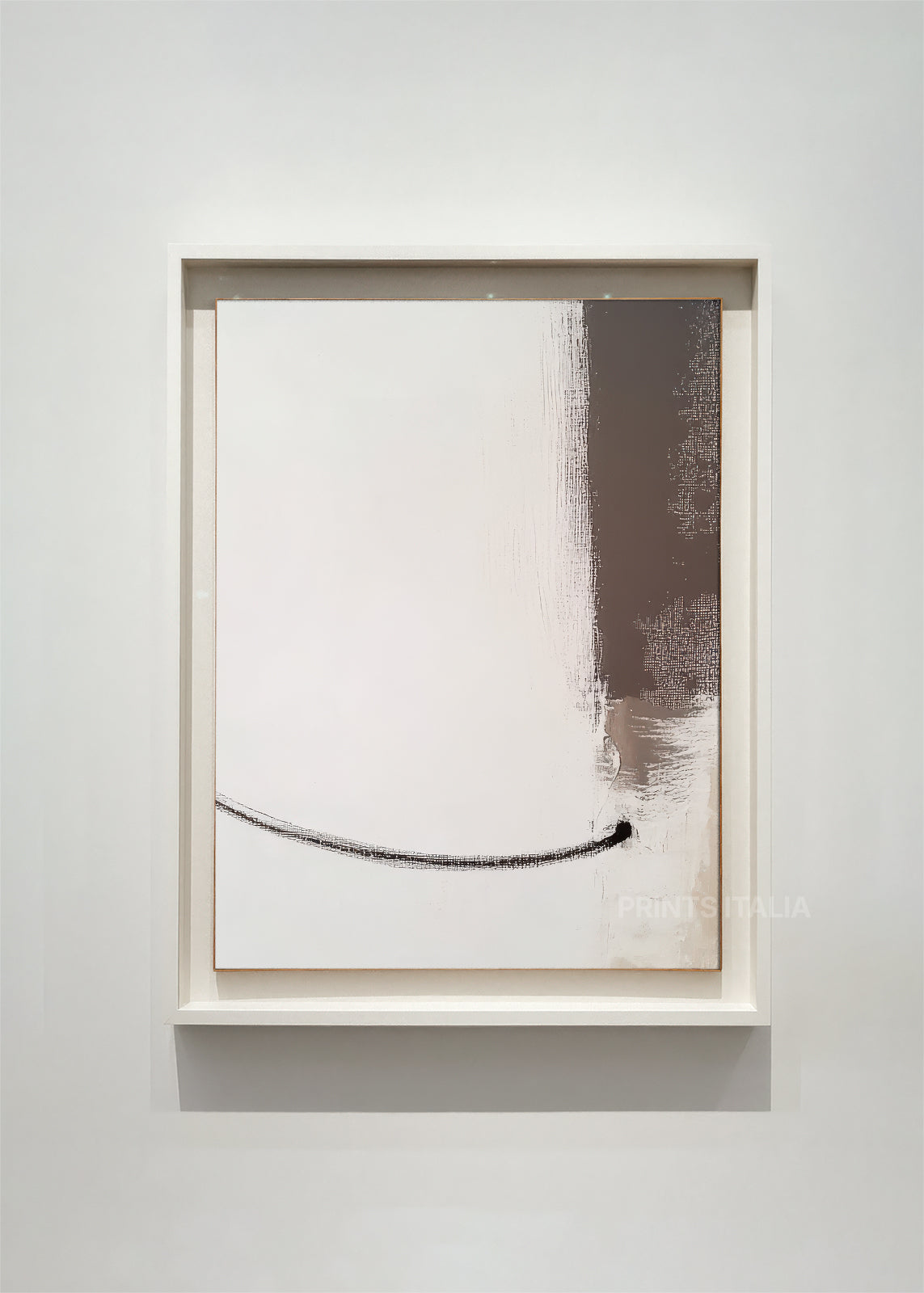 YONAE abstract art print framed – taupe vertical band on ivory background with sweeping black arc