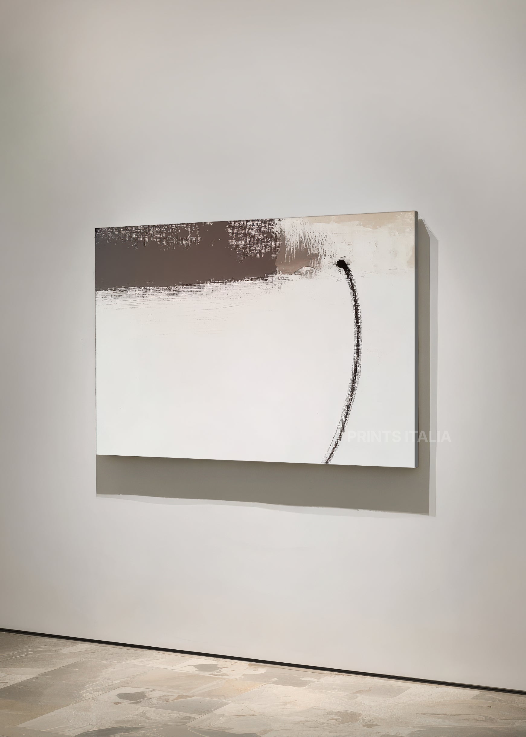 Angled view of YONAE abstract print – minimalist taupe and ivory design with bold black curve