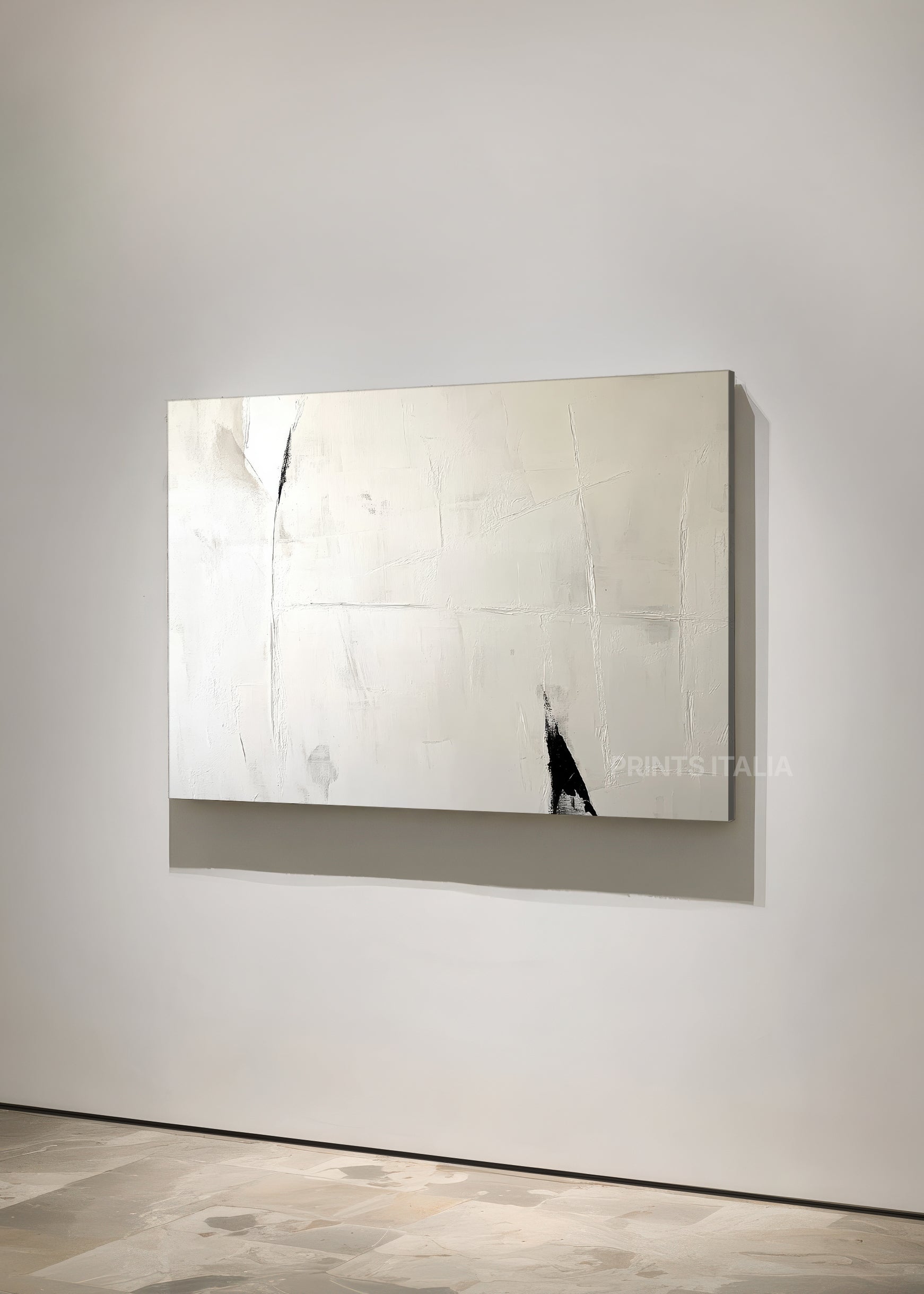 Side view of YUNA abstract print highlighting minimalist tones and dramatic brush accent