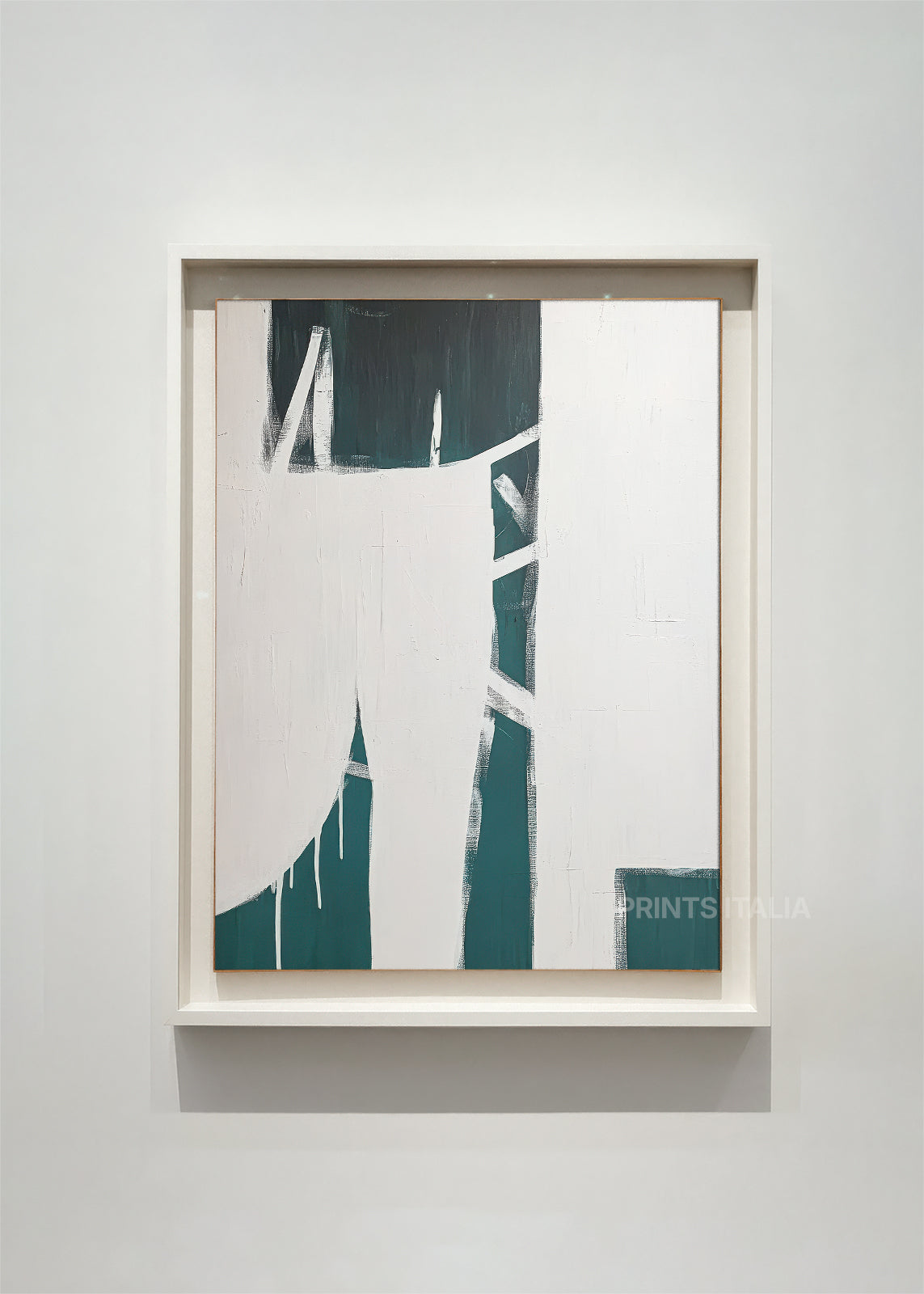 YUNARI abstract art print framed – bold black and green forms sliced by crisp white lines
