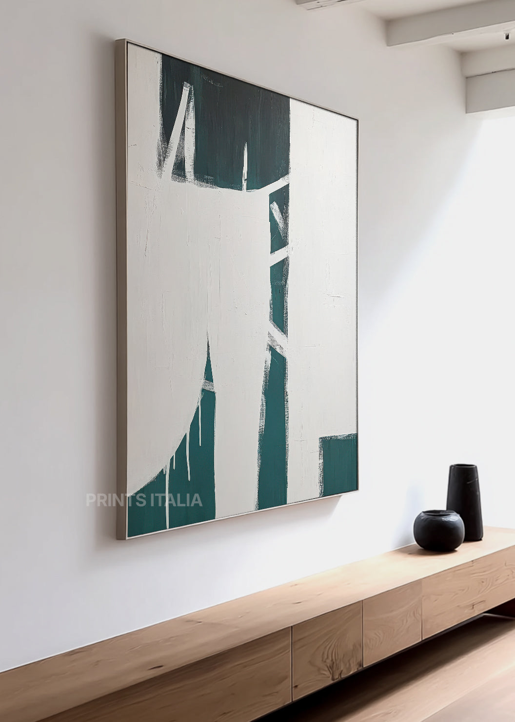 YUNARI abstract print styled in a calm, modern space, emphasizing its bold contrast and tranquil arrangement