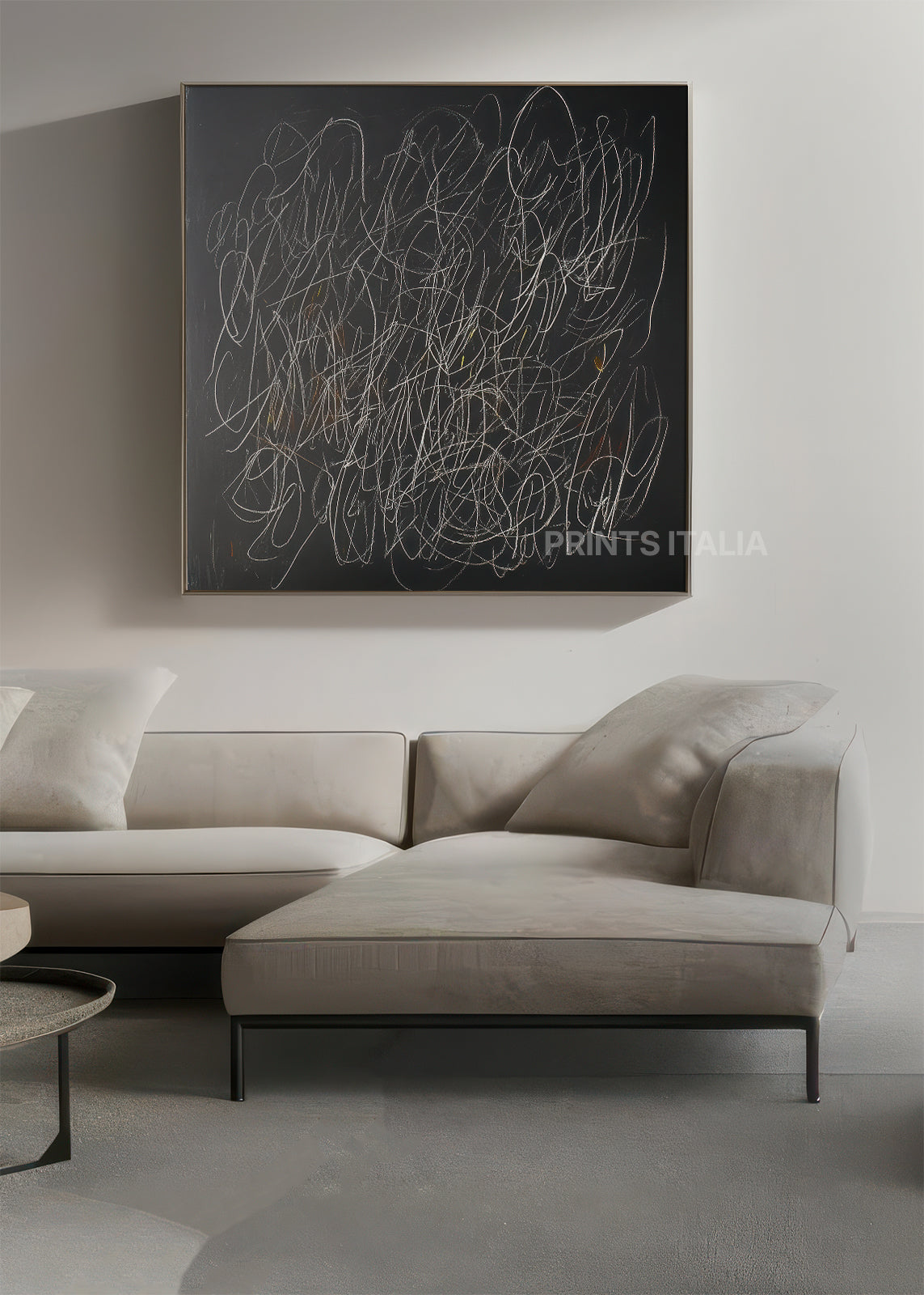 ZAVINE print with expressive scribbles in light chalk tones on black base