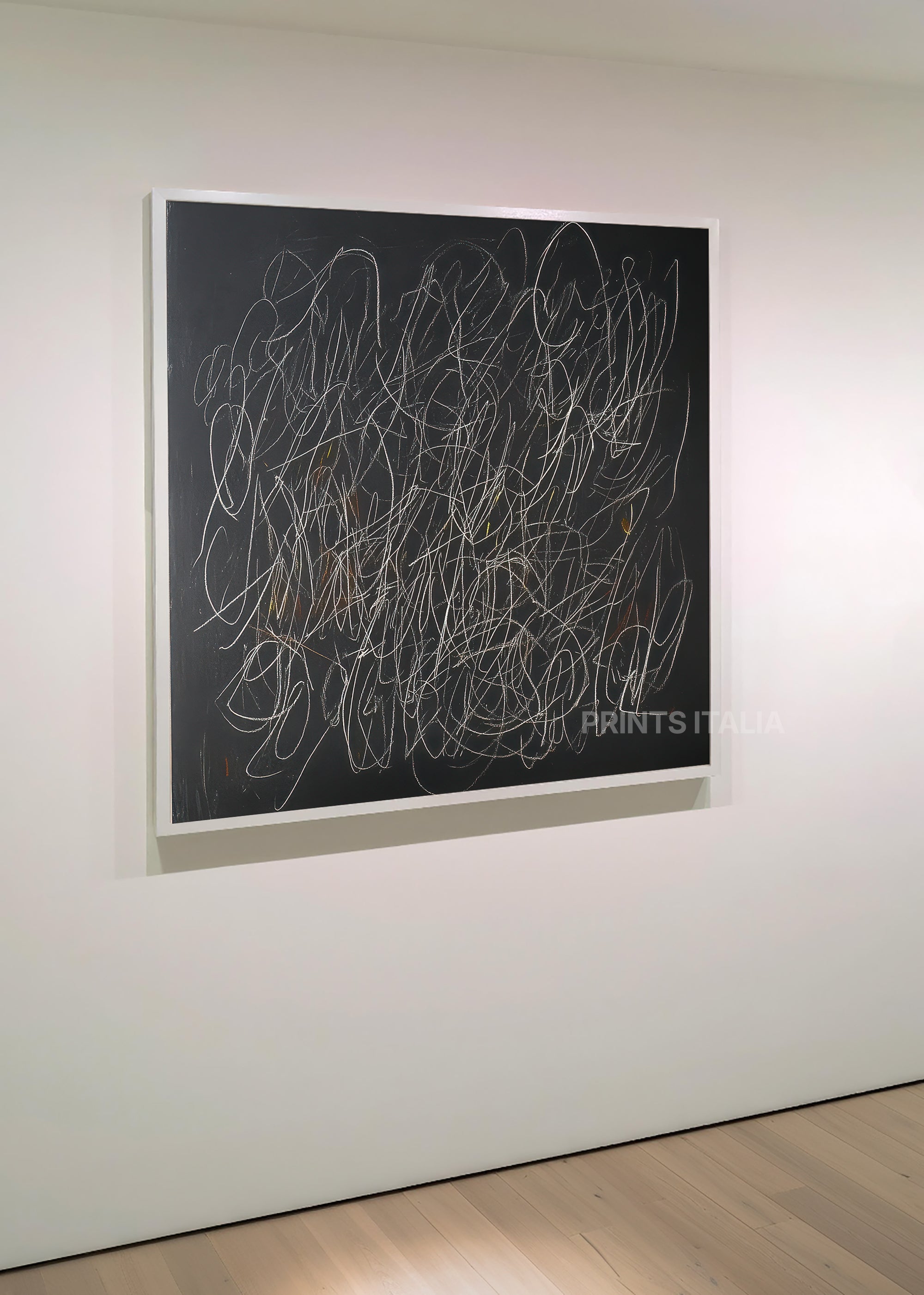  Detail view of ZAVINE abstract print showing layered chaotic linework with texture over black