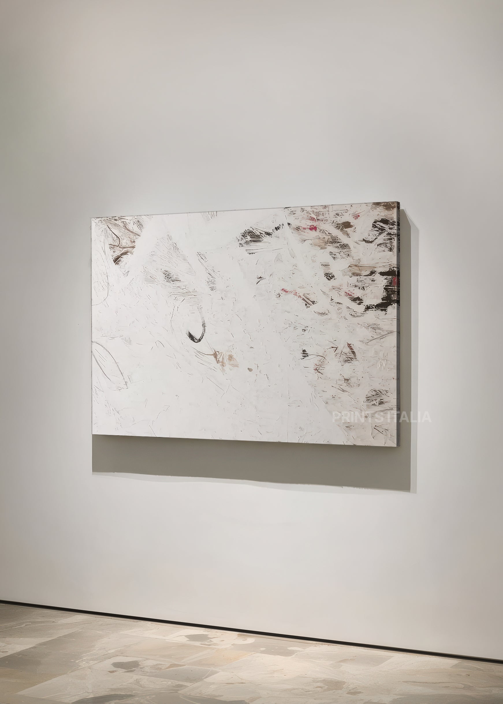 Unframed ZENEA art print showcasing soft beige and cream tones with gentle texture and understated geometric forms, leaning against a neutral wall