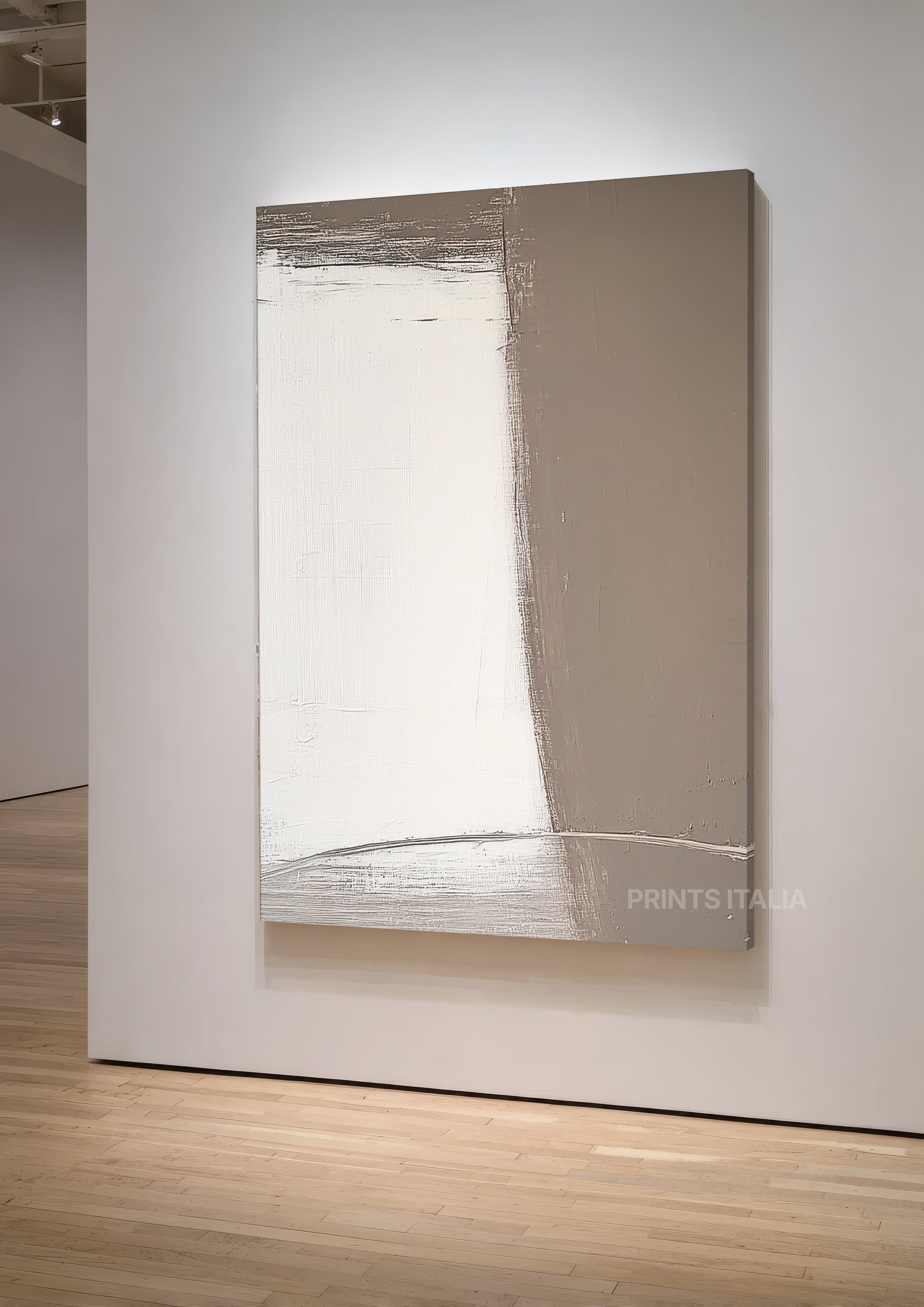 Angled view of ZENIR abstract print – minimalist taupe and ivory design with expressive surface texture