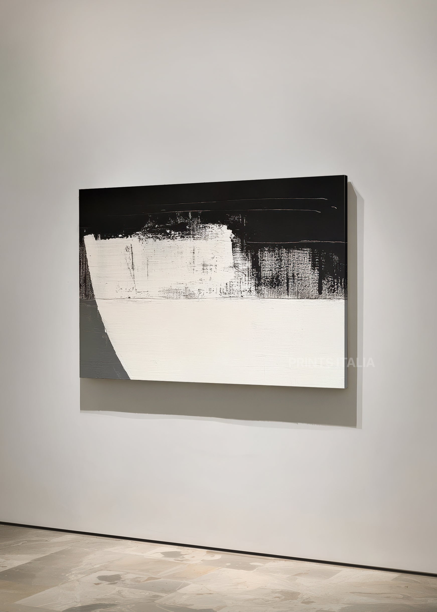 ZEPHARI print displayed in a contemporary gallery, highlighting its curved white-to-black flow and minimalist contrast