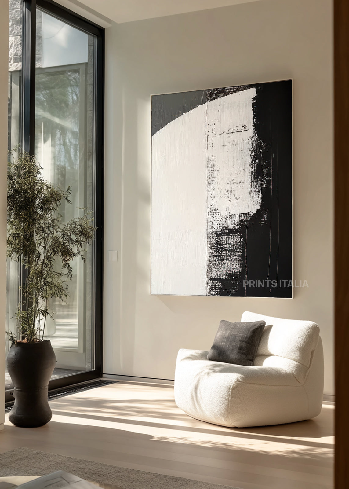 ZEPHARI abstract print styled in a calm, light-filled space, emphasizing its gentle transition and tranquil composition