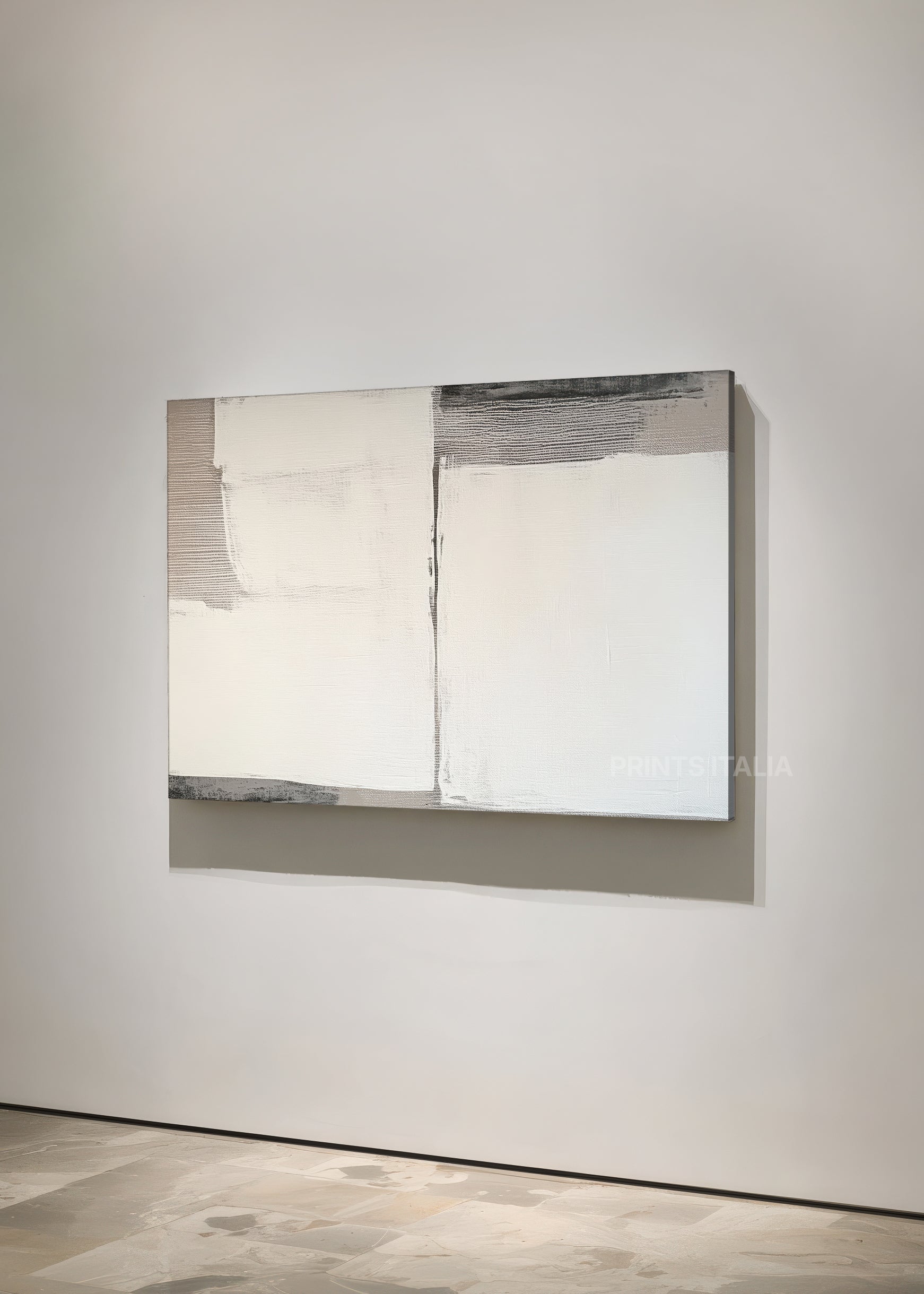 Unframed ZEVARA art print featuring minimalist taupe and cream composition, structured blocks, and fine graphite detail, leaning against a soft neutral wall